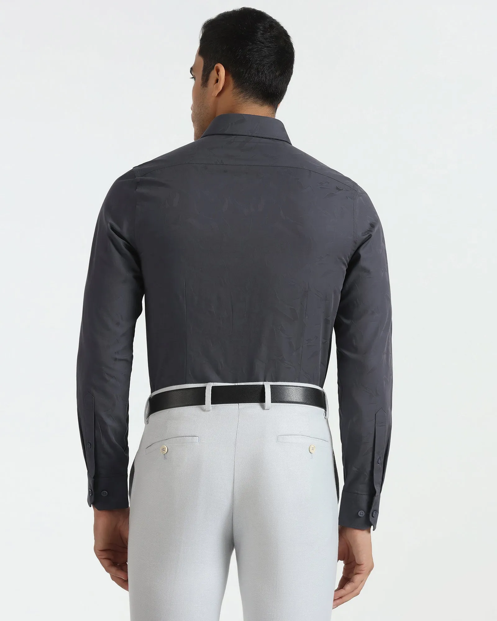 Wrinkle Resistant Finish Minimalist Closure Formal Charcoal Grey Jacquard Shirt - Riley