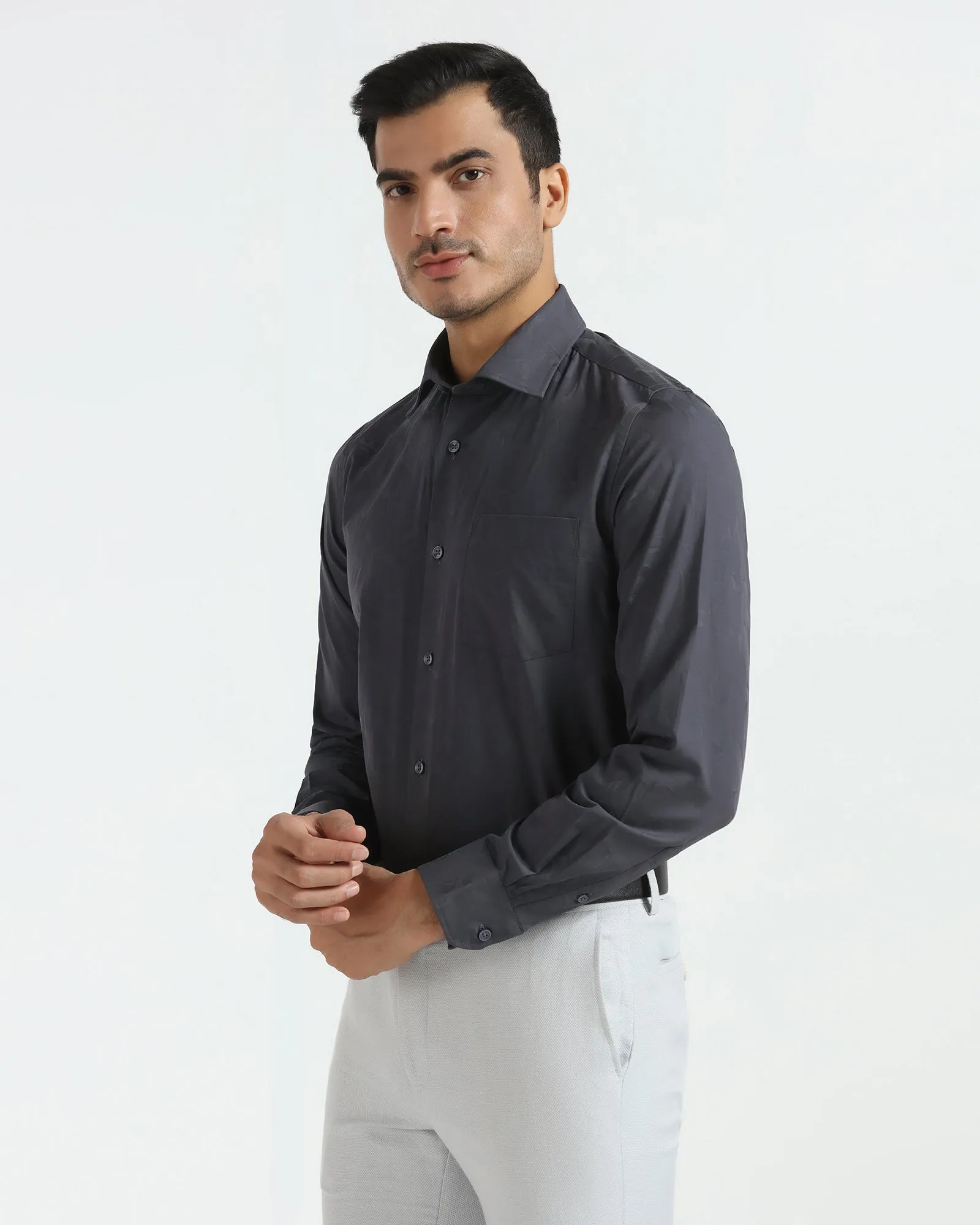 Lightweight Weave Seasonal Trend Formal Charcoal Grey Jacquard Shirt - Riley