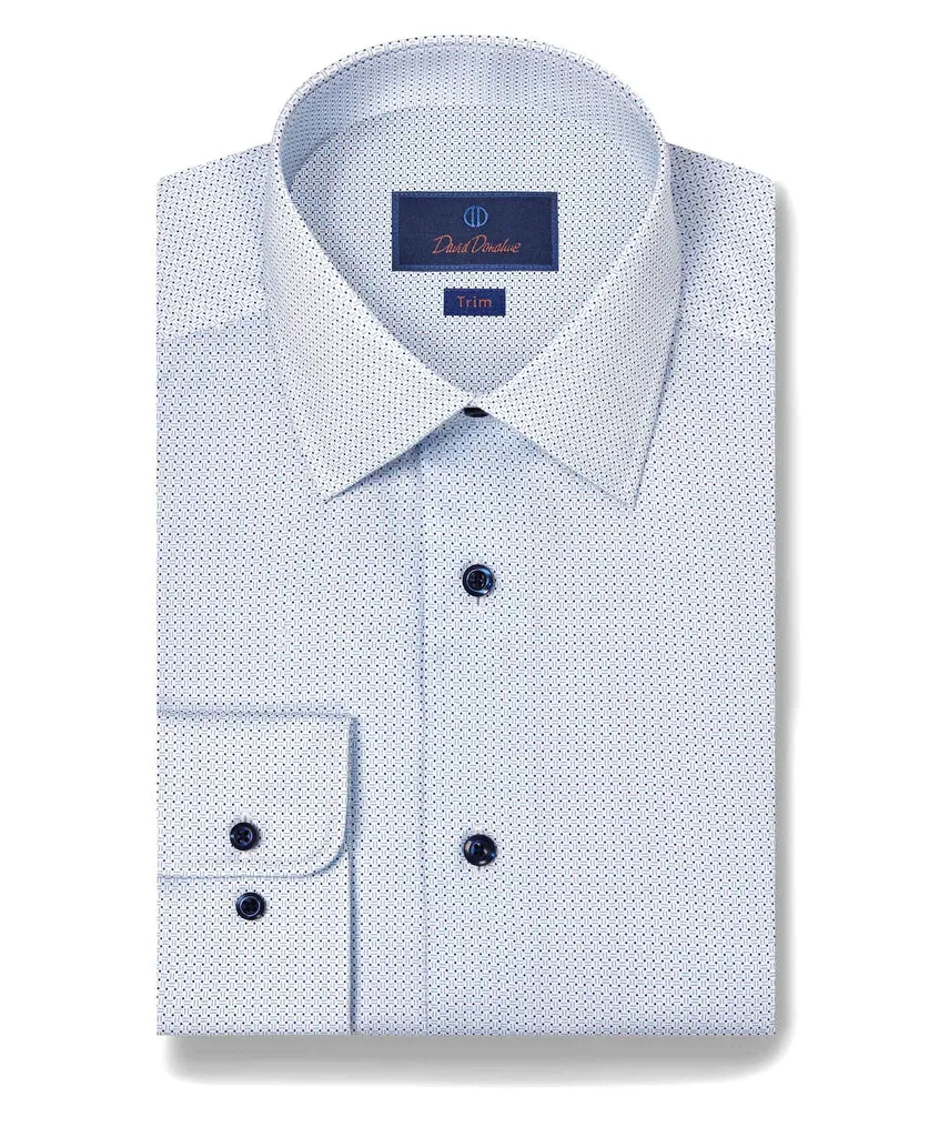 Wrinkle Free Care David Donahue Trim Fit Micro Print Dress Shirt in White/Blue