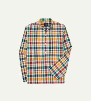 Red, Blue and Green Madras Check Cotton Mandarin Collar Popover Shirt Multipocket Style Brushed Inner Lining