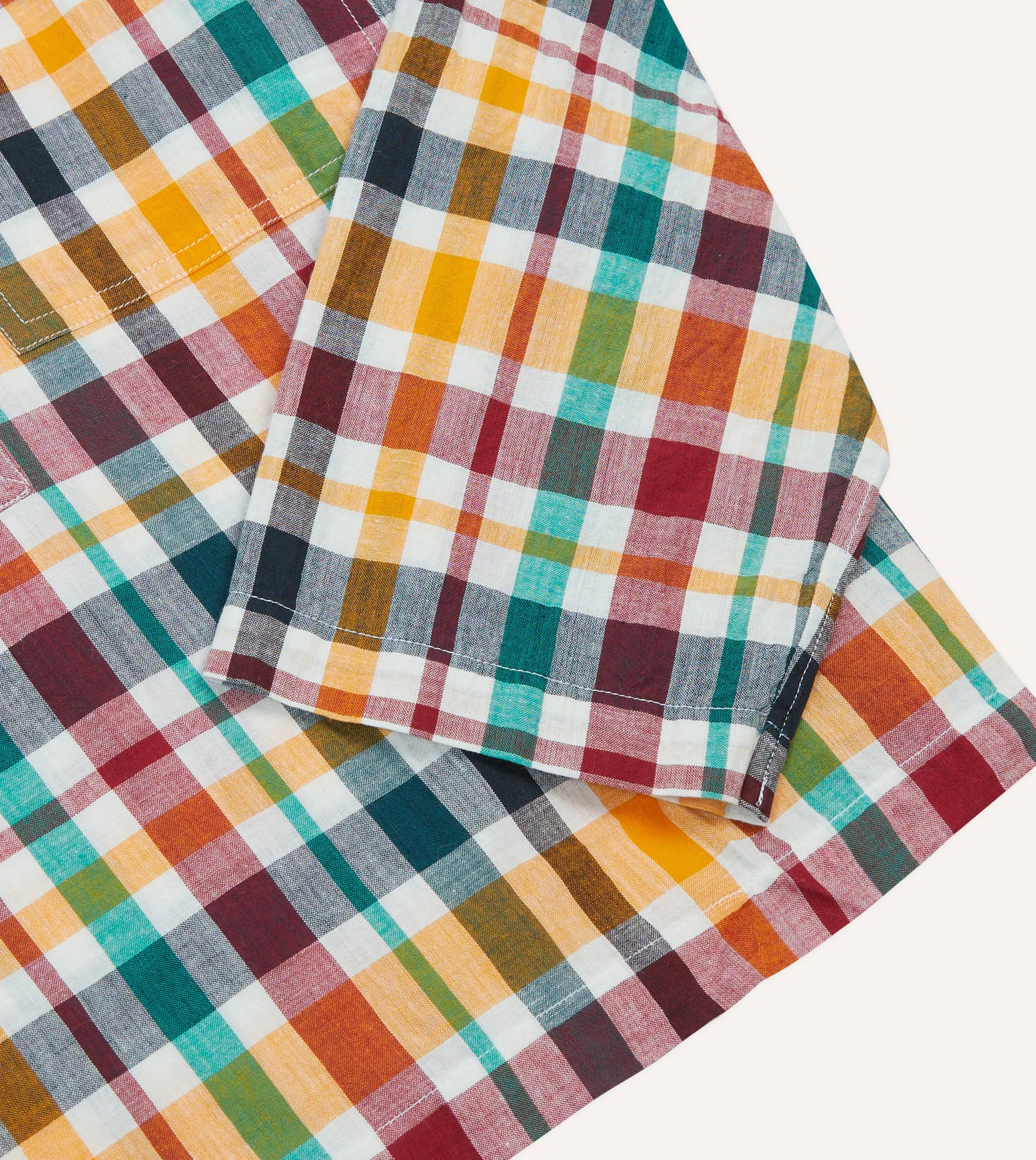 Airflow Ventilation System Wrinkle-Free Red, Blue and Green Madras Check Cotton Mandarin Collar Popover Shirt