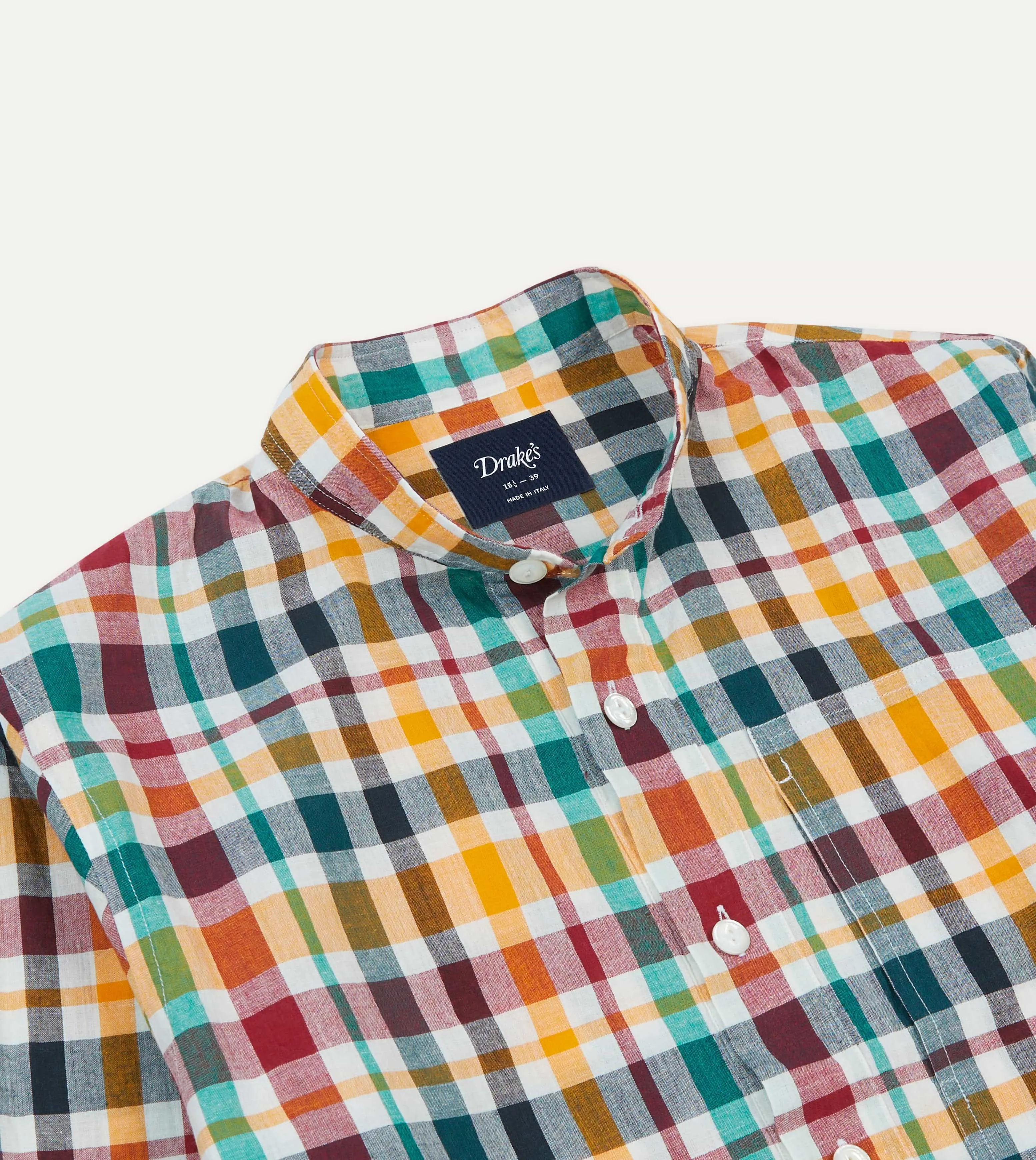 Regular Fit Red, Blue and Green Madras Check Cotton Mandarin Collar Popover Shirt