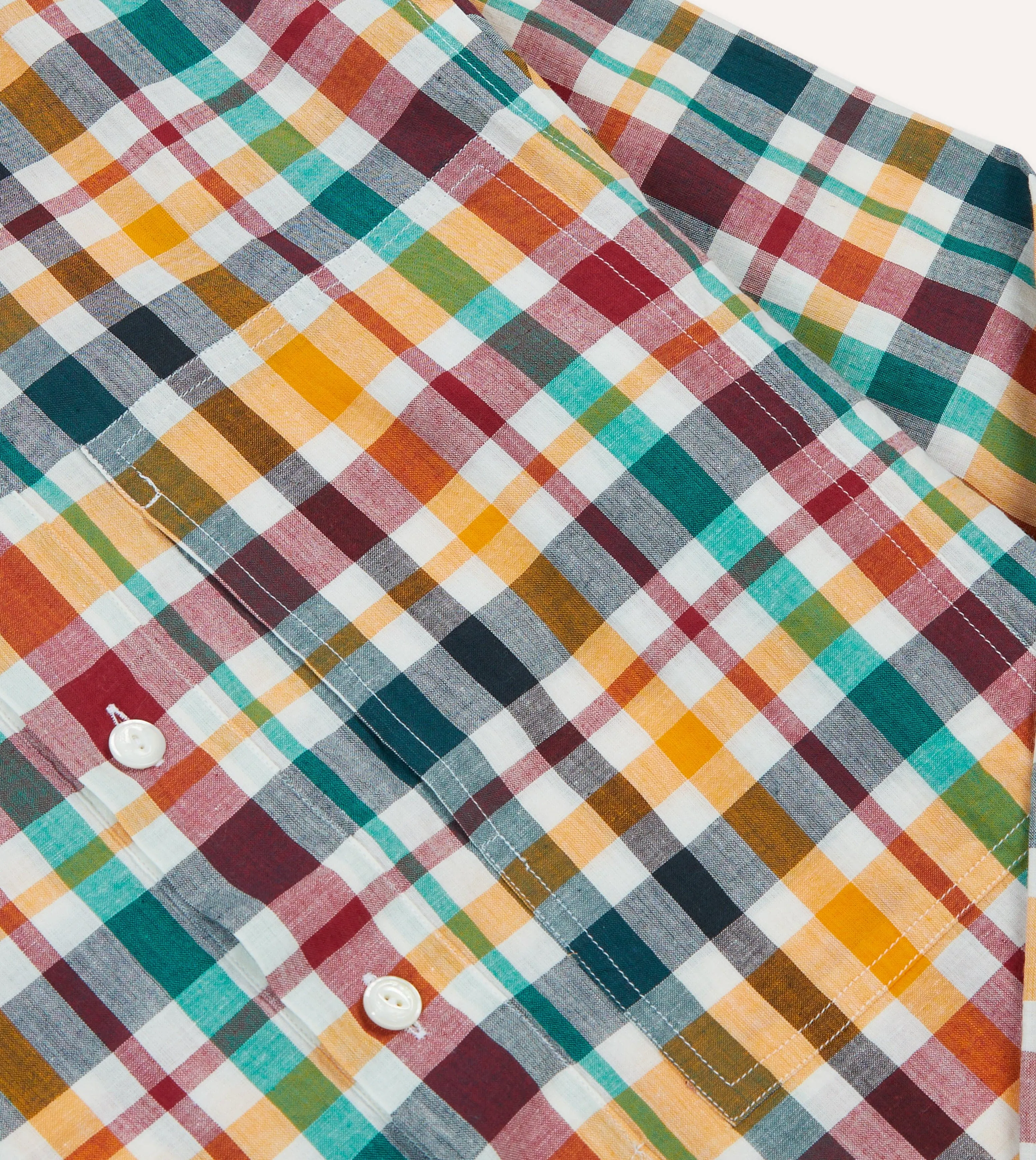 Thermoregulating Layer Button front Red, Blue and Green Madras Check Cotton Mandarin Collar Popover Shirt