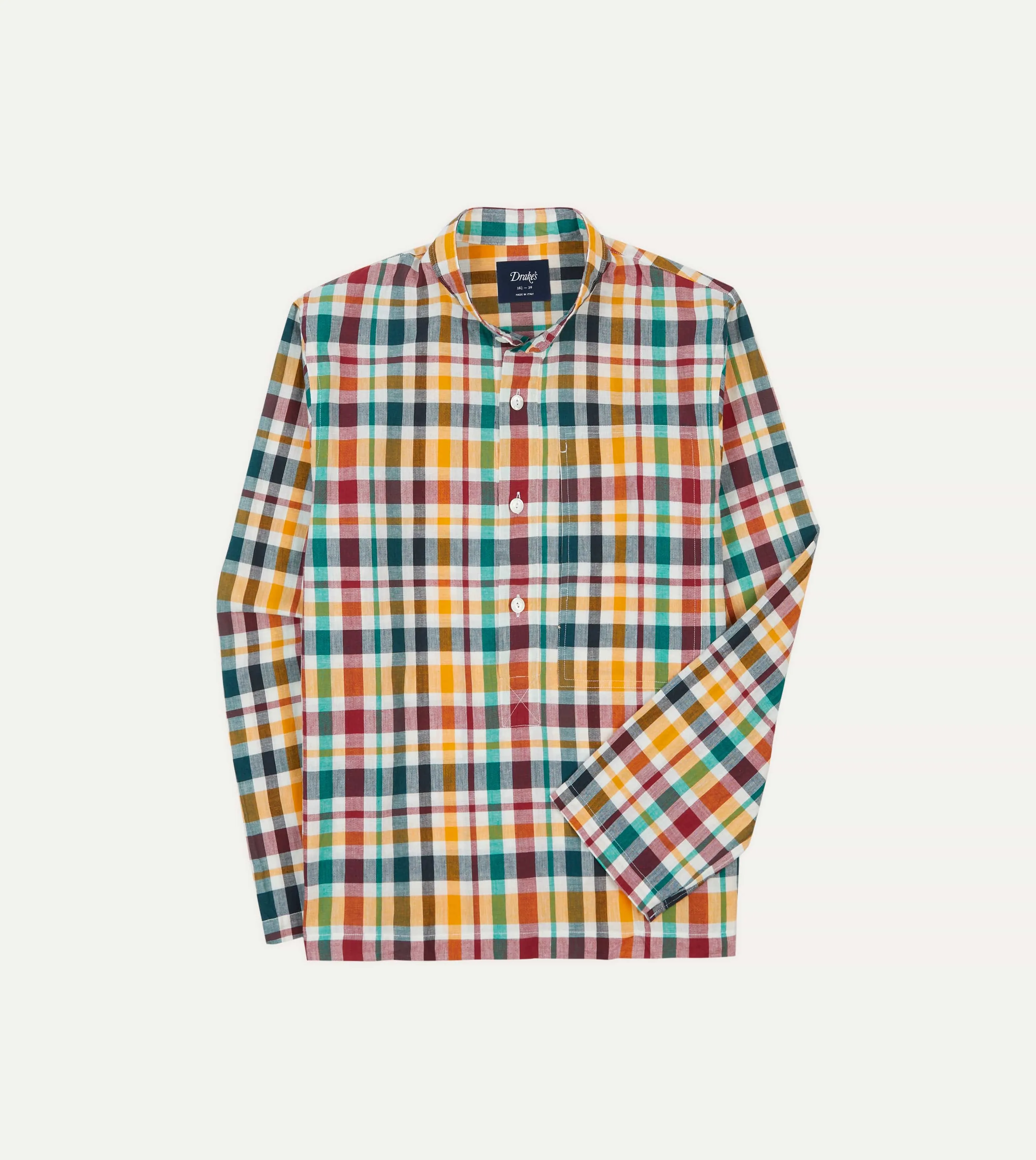 Red, Blue and Green Madras Check Cotton Mandarin Collar Popover Shirt Multipocket Style Brushed Inner Lining