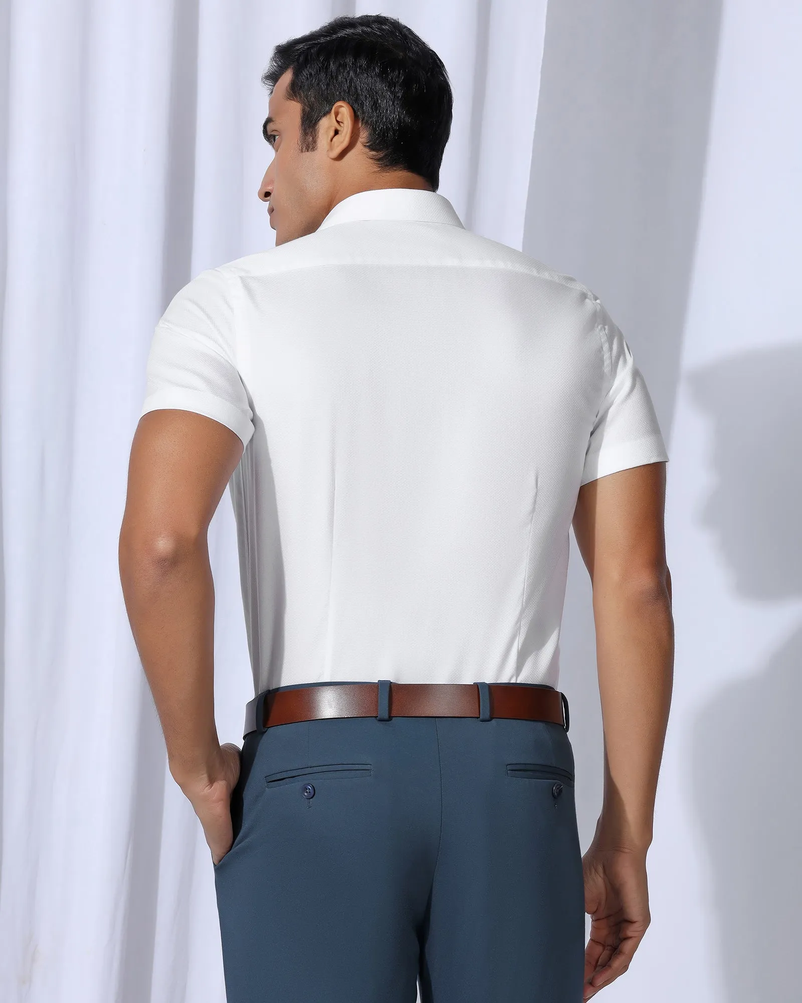 Premium Pima Cotton Seamless construction Formal Half Sleeve White Textured Shirt - Noir