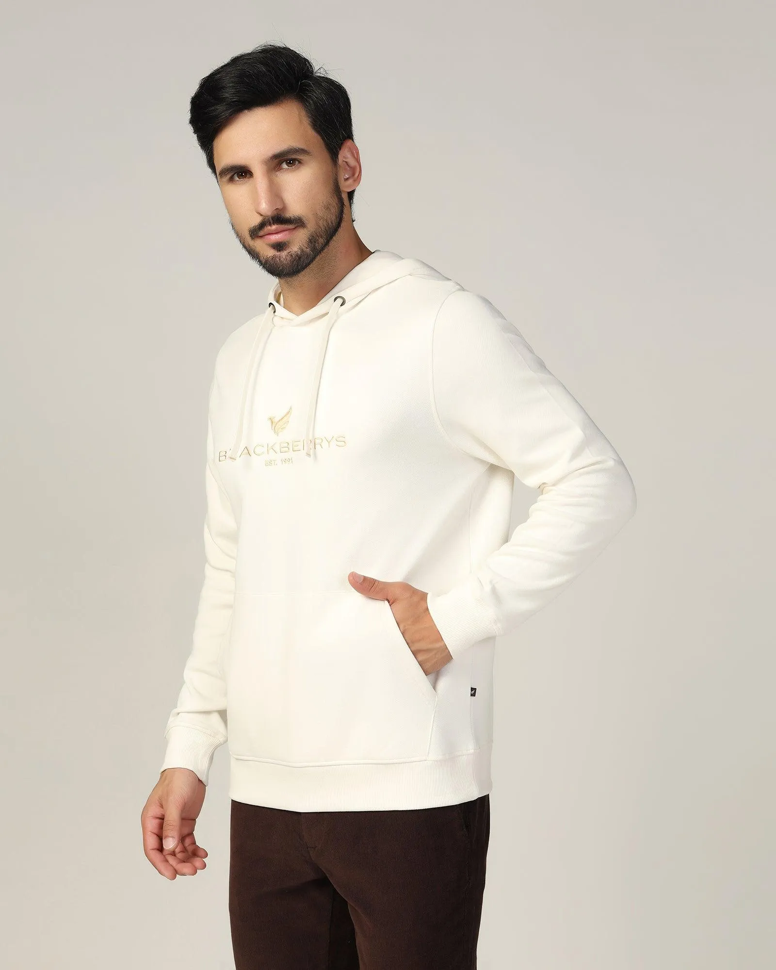 Lounge Gear FlexibleCollar Hoodie Off White Solid Sweatshirt - Feb