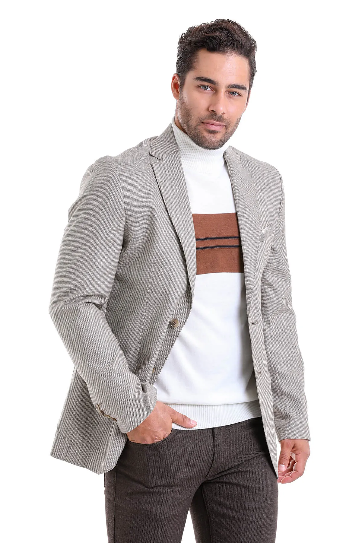 Non Restrictive Movement Cut Slim Fit Notch Lapel Beige Casual Blazer