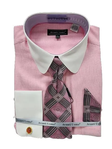 AVANTI UOMO MONOTONE GLEN CHECK ROUND WHITE COLLAR & CUFF DN131M PINK Unisex style