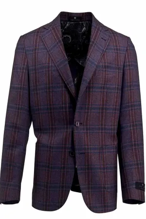 Clean Outer Soft Layers Tiglio Luxe Eggplant with Navy and Red Windowpane Dolcetto/THP Modern Fit Half Lined, Pure Wool Jacket TL3325