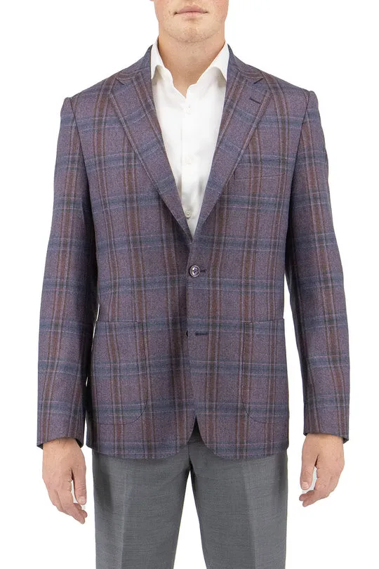 Slim Tailored Tiglio Luxe Eggplant with Navy and Red Windowpane Dolcetto/THP Modern Fit Half Lined, Pure Wool Jacket TL3325