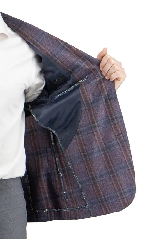 Two Tone Design Winter Layering Piece Tiglio Luxe Eggplant with Navy and Red Windowpane Dolcetto/THP Modern Fit Half Lined, Pure Wool Jacket TL3325