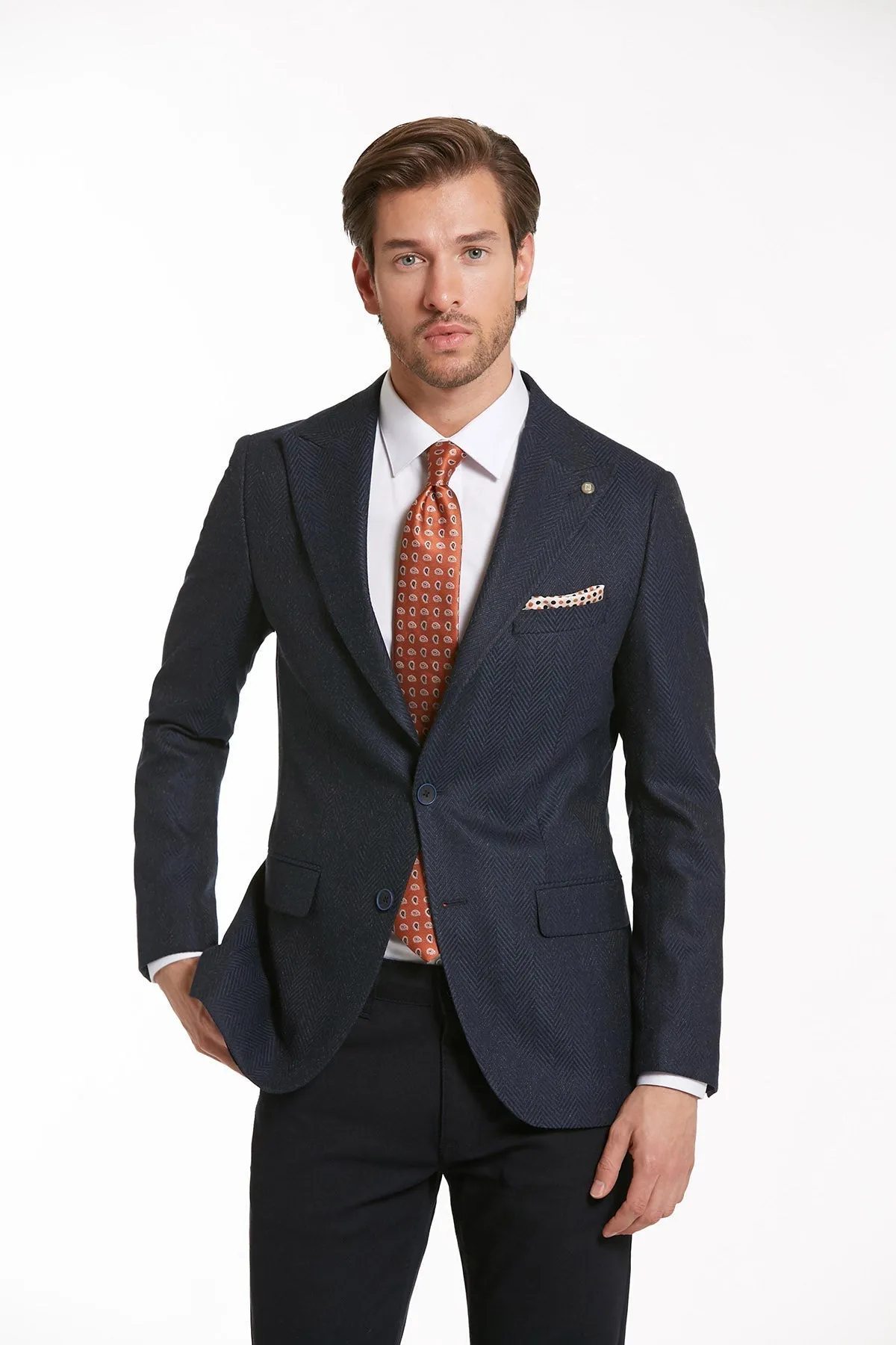 Slim Fit Navy Peak Lapel Casual Blazer Airy Cloth