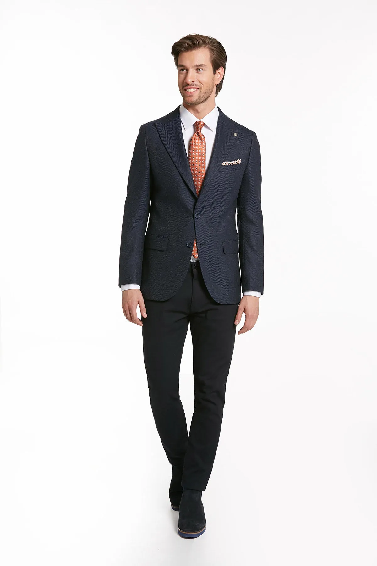 Ergonomic Articulation Slim Fit Navy Peak Lapel Casual Blazer