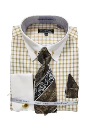Seamless construction Camouflage Print AVANTI UOMO WINDOW PANE WHITE COLLAR CUFF WITH STONE COLLAR BAR DN128M BEIGE