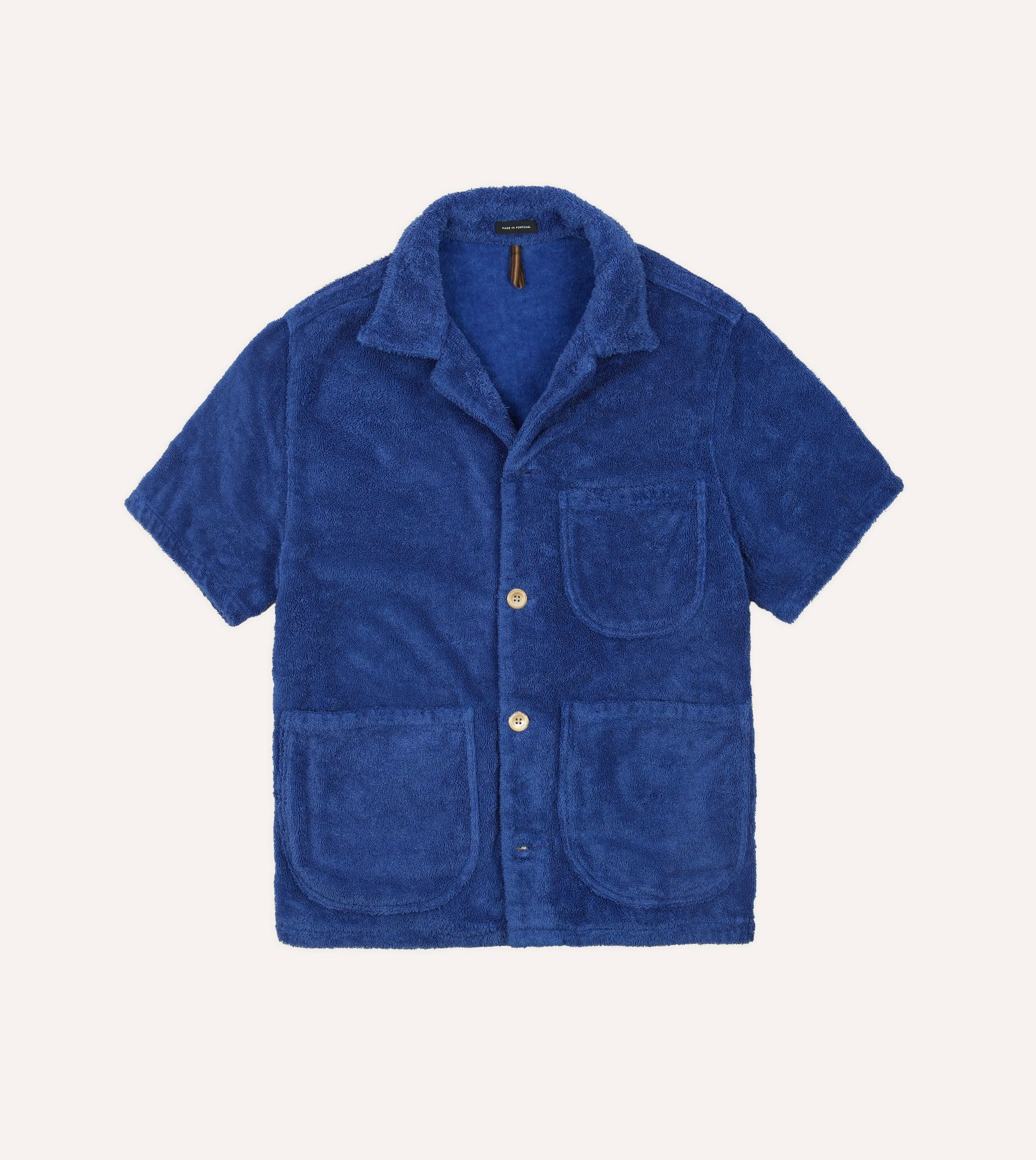 Classic Collar Blue Cotton Terry Towelling Short Sleeve Safari Shirt