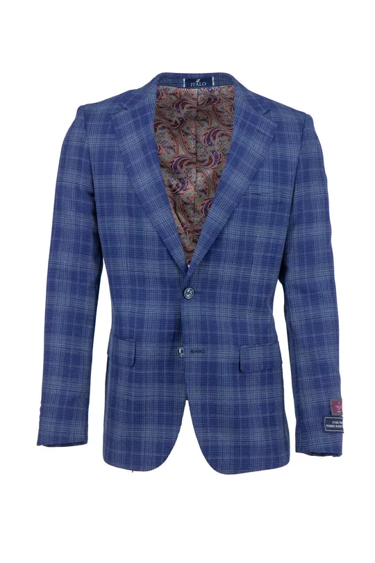Tiglio Luxe Azure Blue with Windowpane Porto Slim Fit Pure Wool Blazer TL8308 Foldable Collar Belted Style