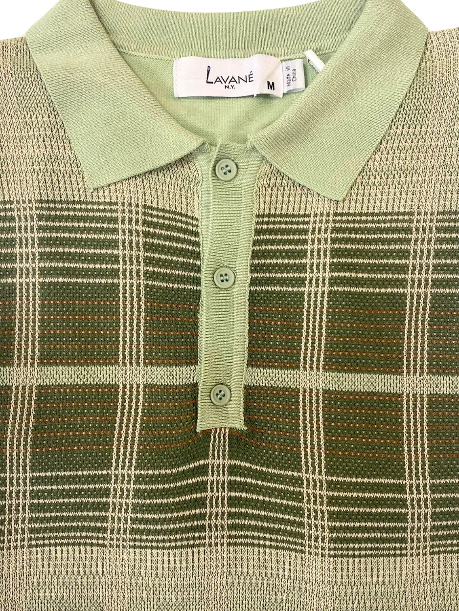 Sleek Layering Solid Color Lavane Mens Sage Green Plaid Short Sleeve Knit Polo Casual Shirt