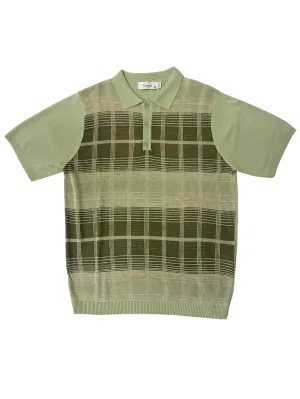 Solid Color Lavane Mens Sage Green Plaid Short Sleeve Knit Polo Casual Shirt