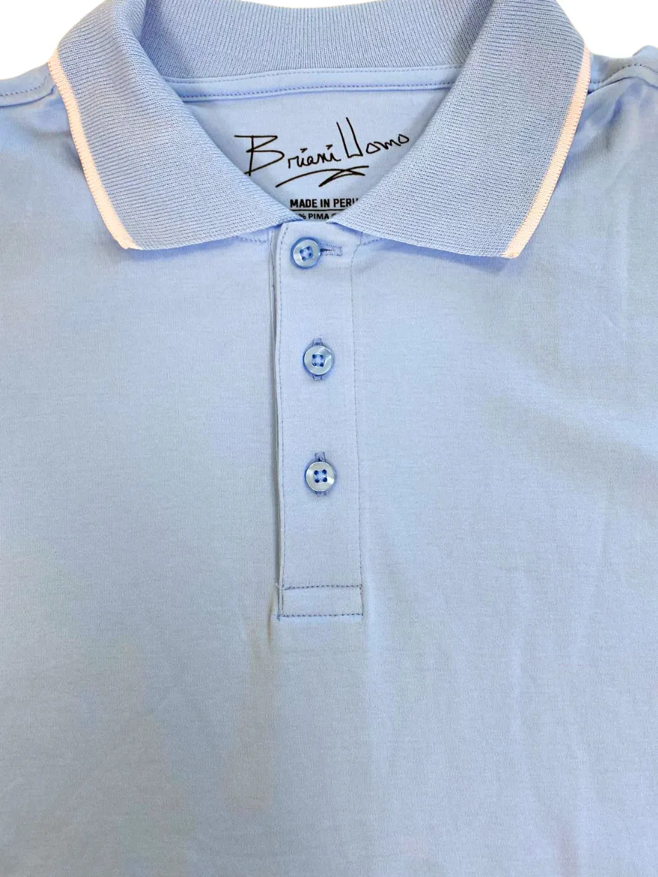 Briani Uomo Solid Sky Blue 100% Pima Cotton Short Sleeve Polo Casual Shirt Stylish Neckline