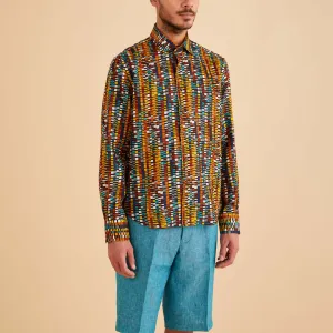 Reinforced Stitching OekoTexCertified Inserch LS Geo Print Linen Shirt LS2918-00167 Cacao
