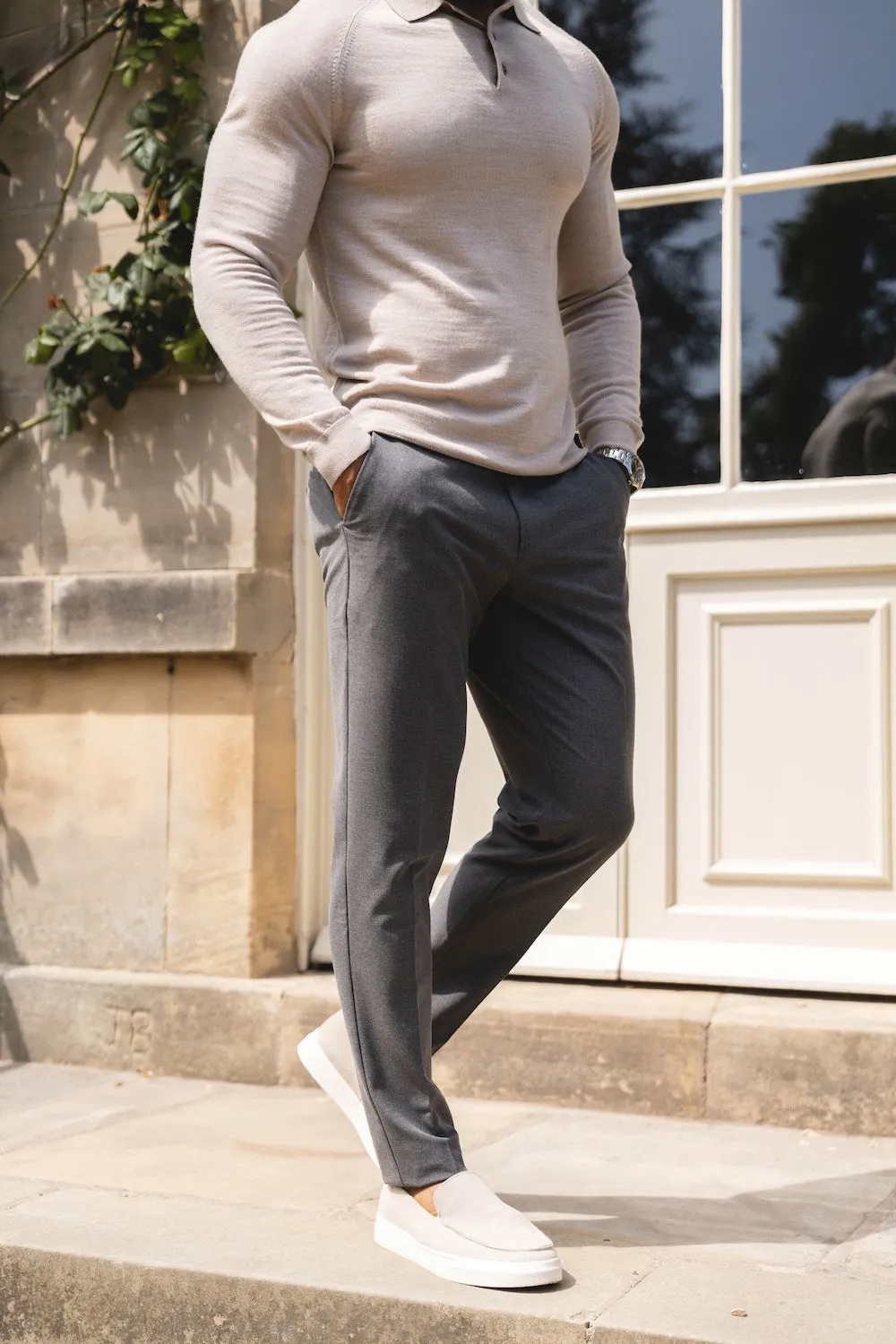 Elastic Fit Melange Pants in Dark Charcoal