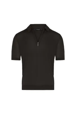 Silk Cotton Blend Knit Zip Polo in Olive Everyday Style Smart Glow