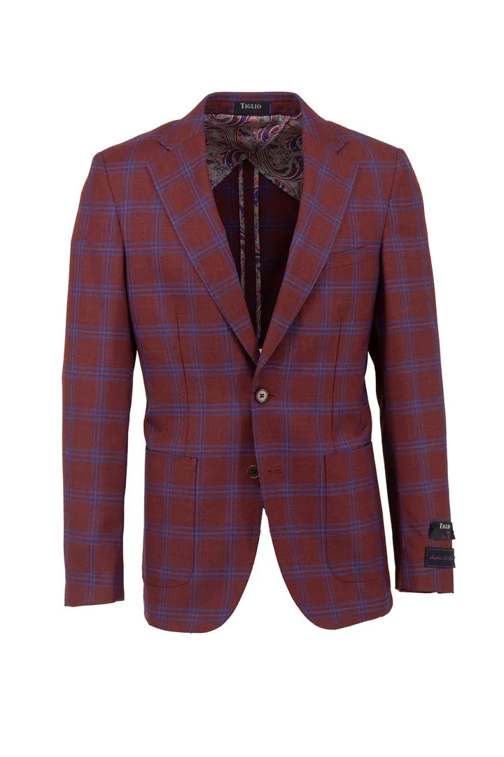 Tiglio Luxe Bordeaux Red with Blue Windowpane Veneto/THP Slim Fit half lined, Pure Wool Jacket TL3303 Neutral Tones Reused Cloth