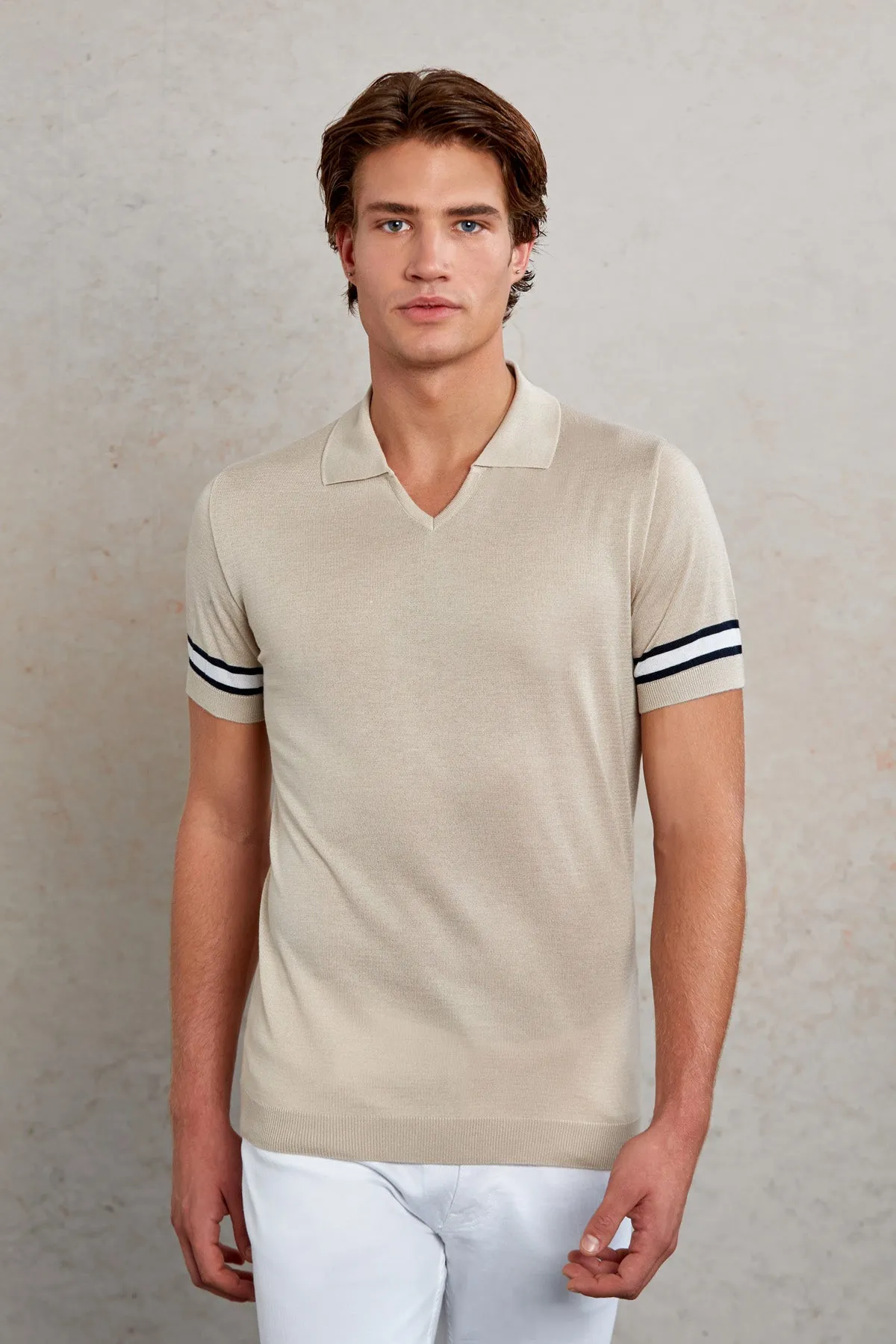 Slim Fit Linen V-Neck Polo T-Shirt Spring Summer Summer Vacation