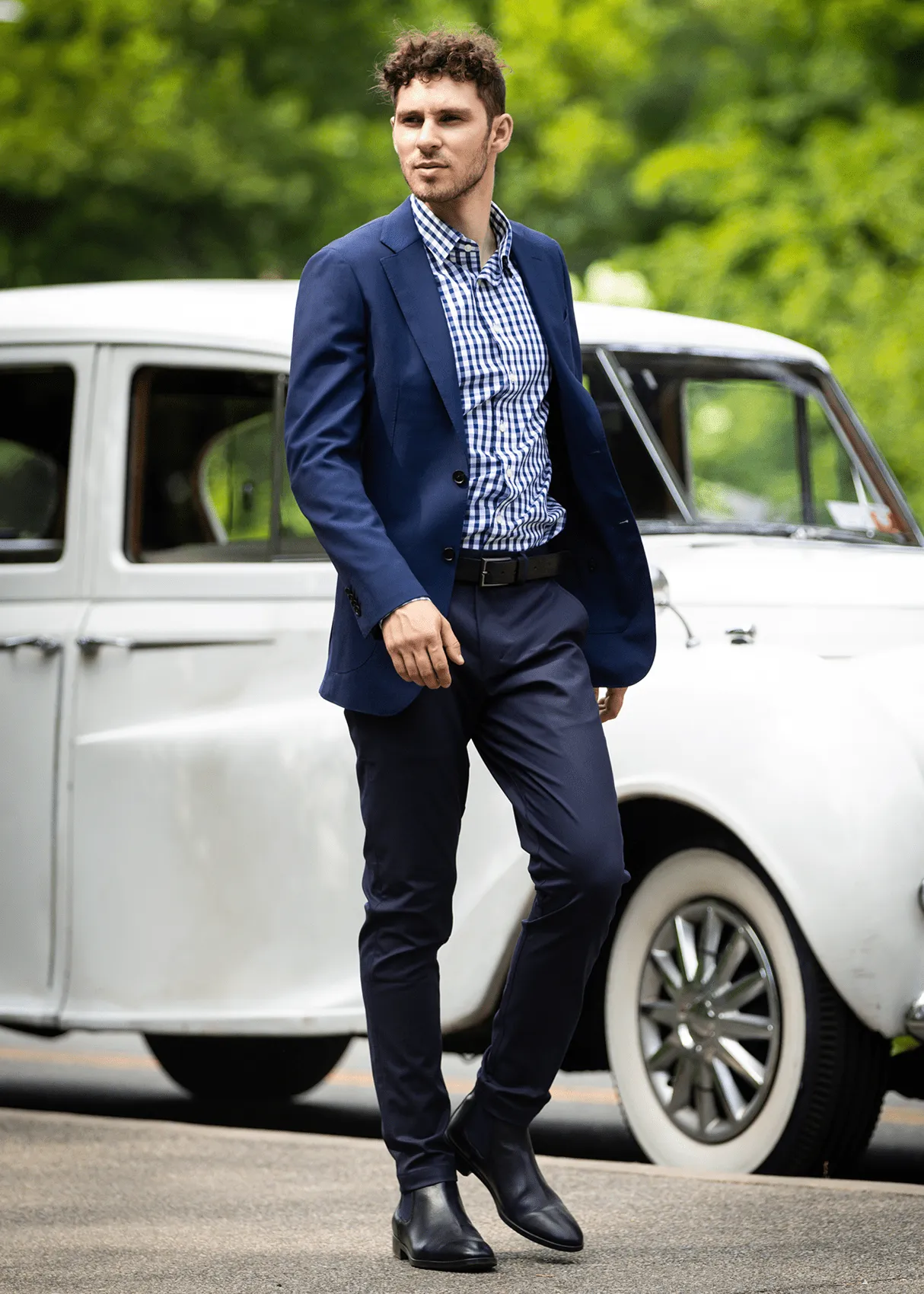 Button-up V-Neck EVERYDAY Navy Gingham Shirt