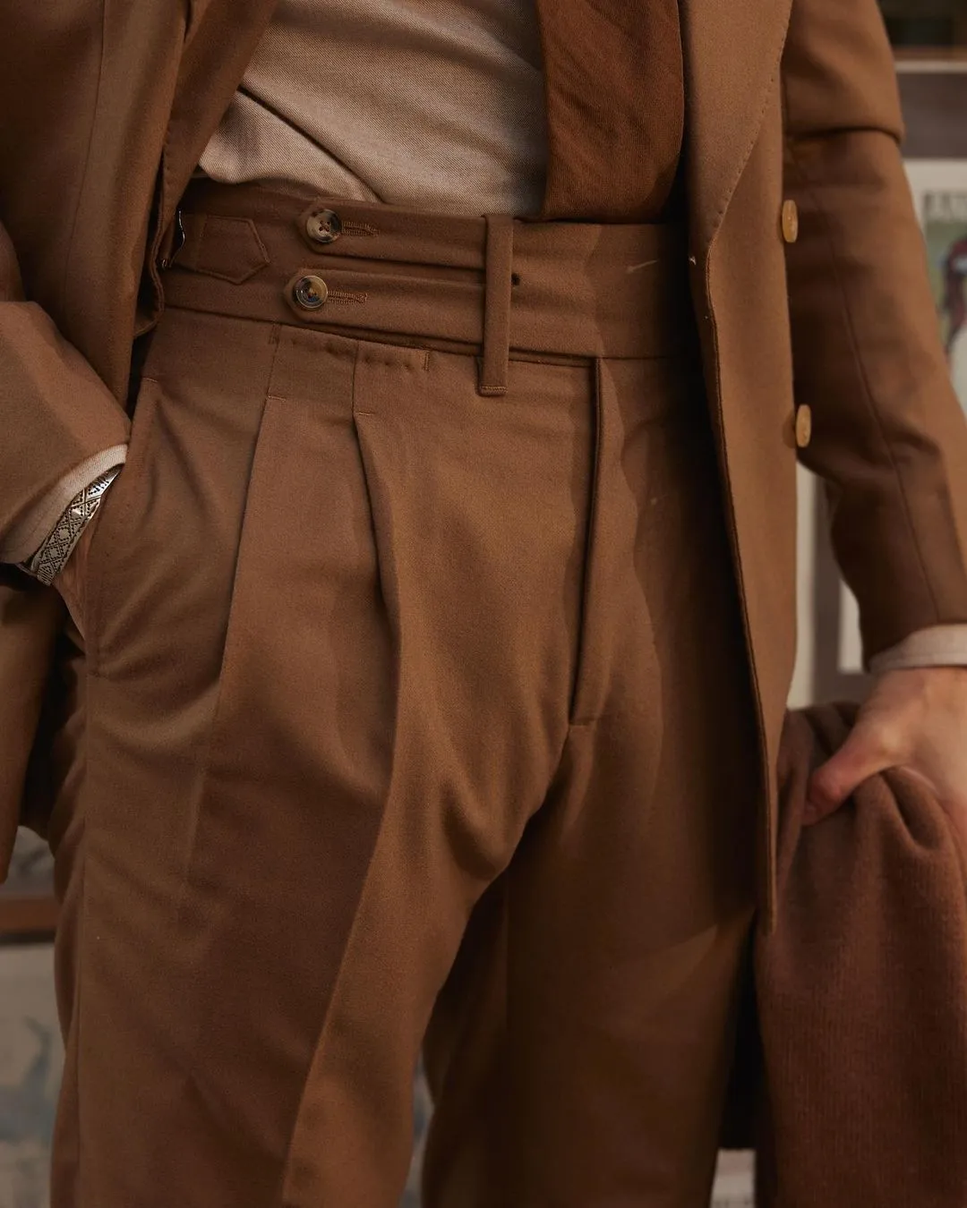 Vitale Barberis Canonico - Sand Wool Flannel High Rise Double Tab Pant Flexible Movement NonRestrictiveFit