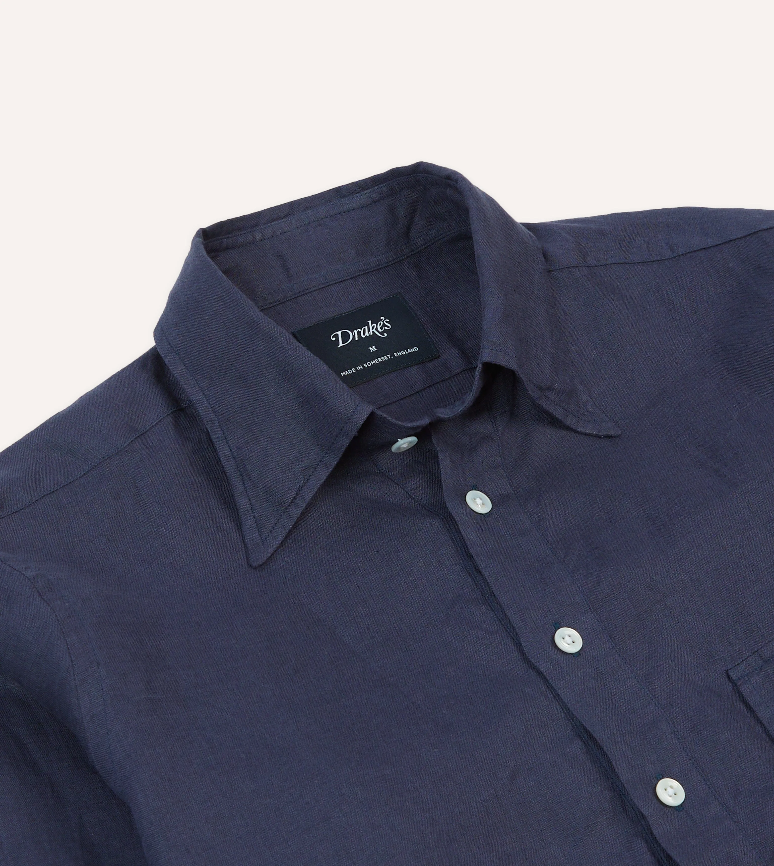 Navy Linen Long Point Collar Popover Shirt Pocket Detail Water Repellent Finish