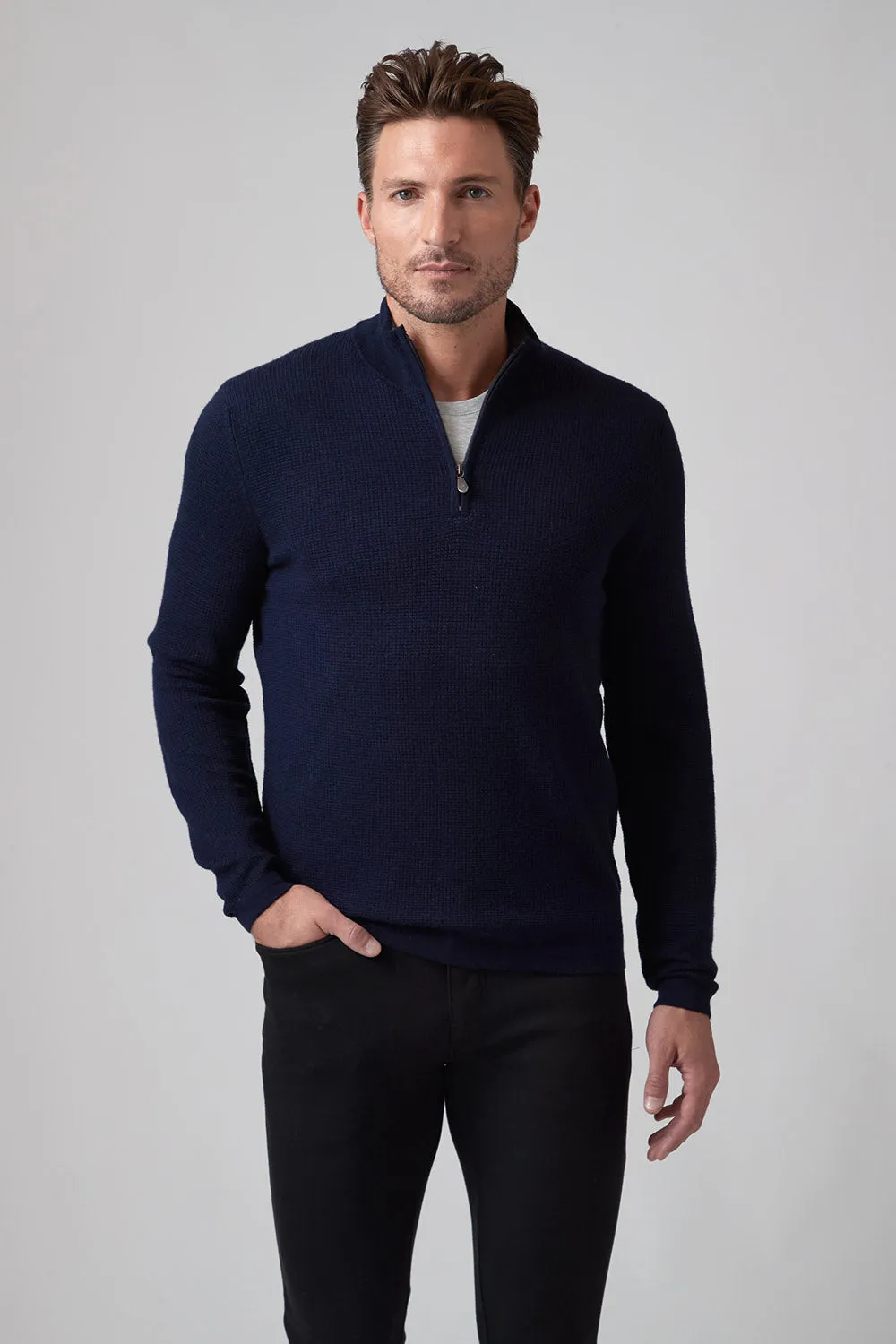 Merino Waffle Zip Mock - Navy Timeless Wear AntiFadeTechnology
