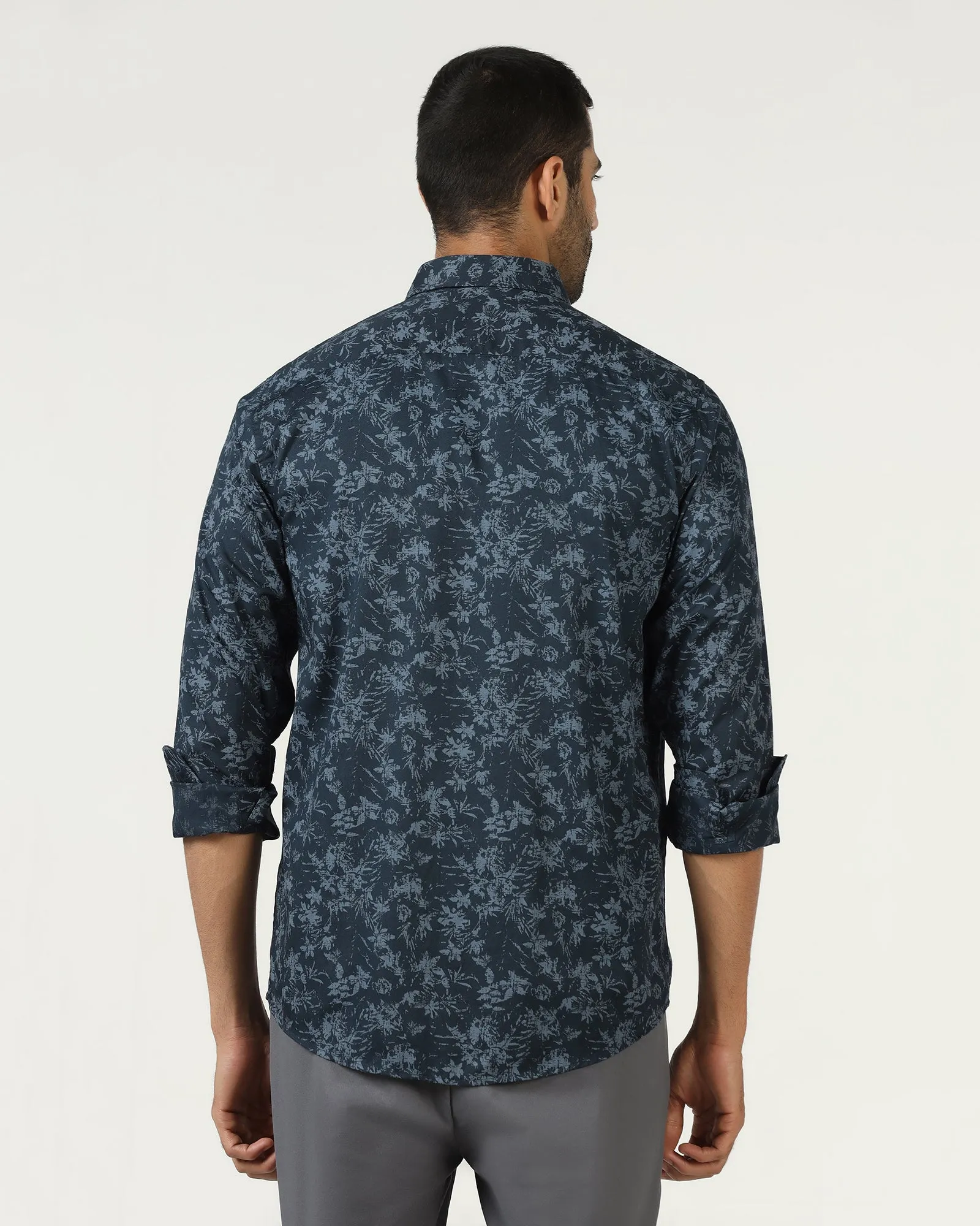 Navy Printed Shirt - Holten Gym Appropriate Fitted Shape