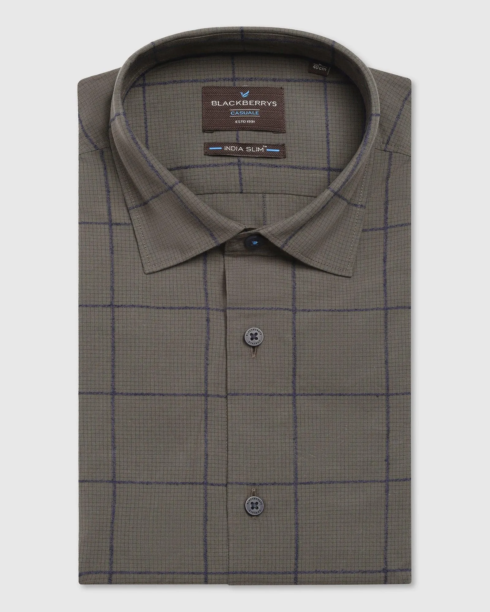 Casual Dark Olive Check Shirt - Enzo Matte Finish