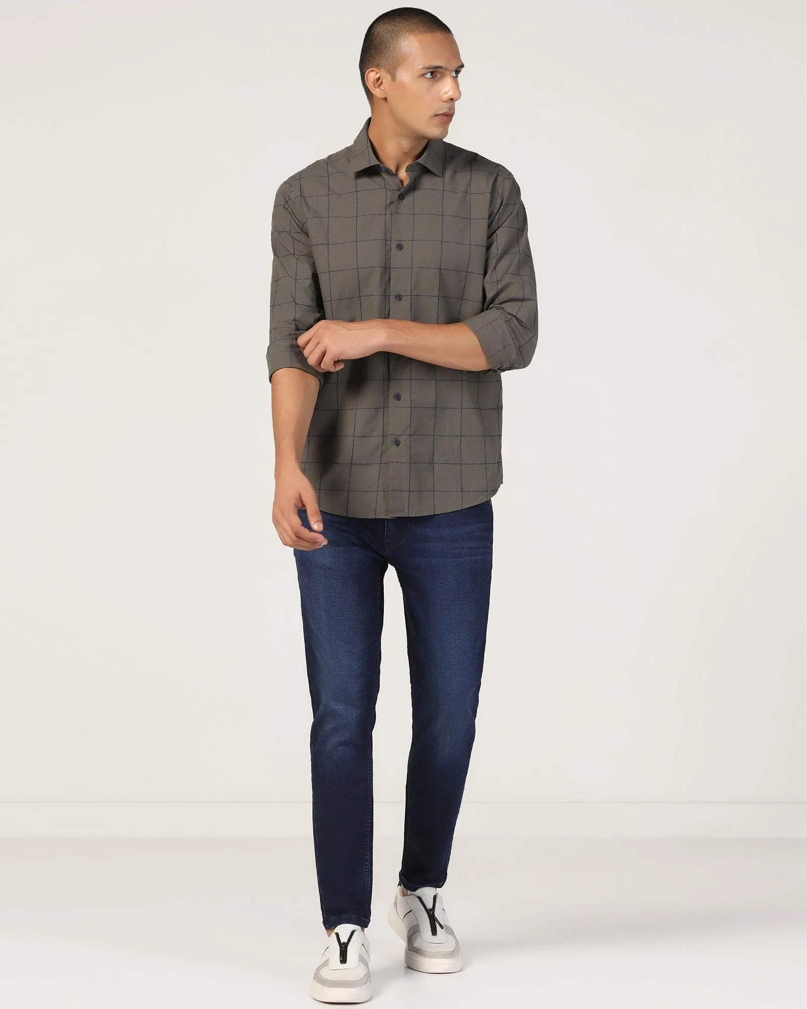 Customizable Option Casual Dark Olive Check Shirt - Enzo