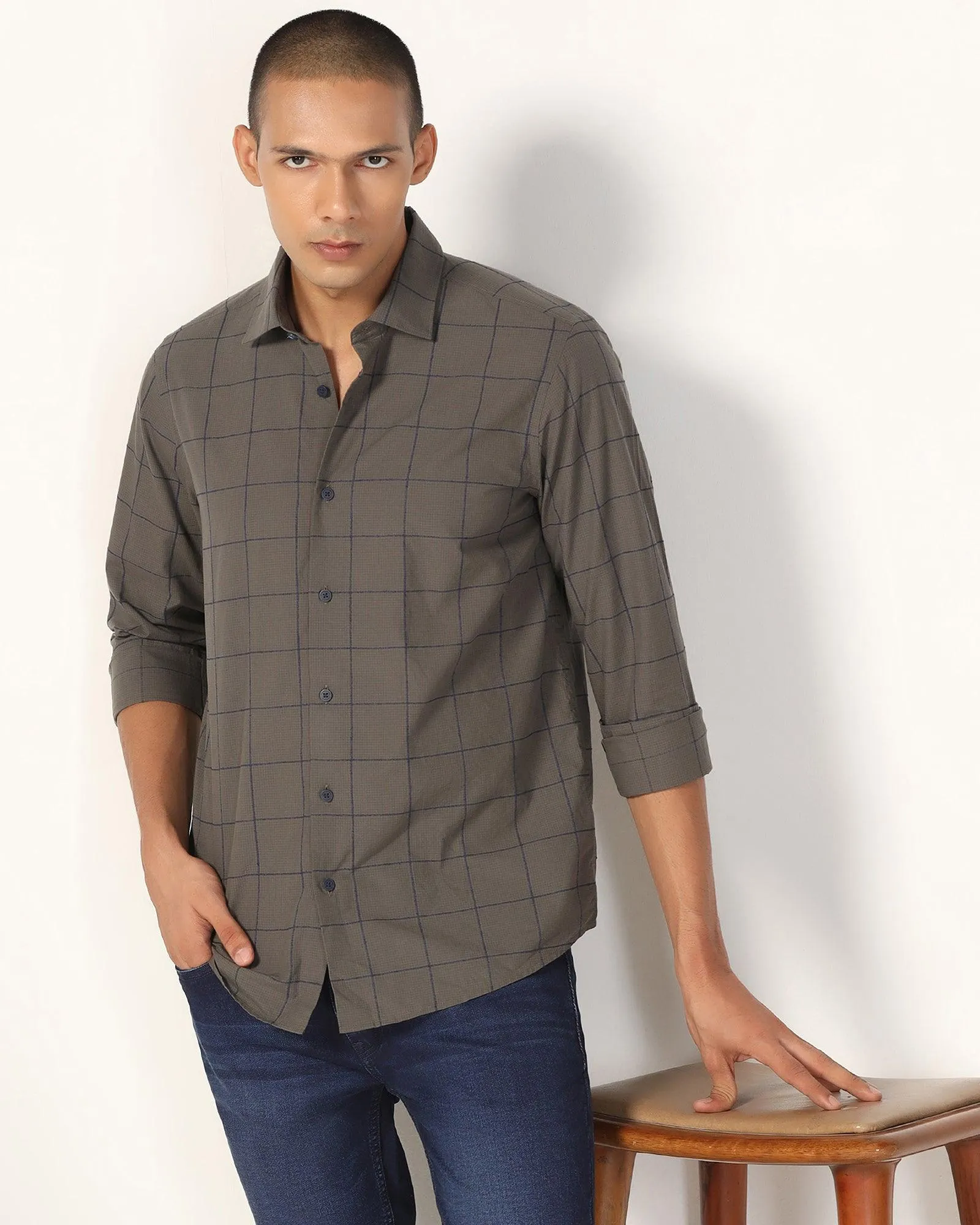 Casual Dark Olive Check Shirt - Enzo Tailored Style