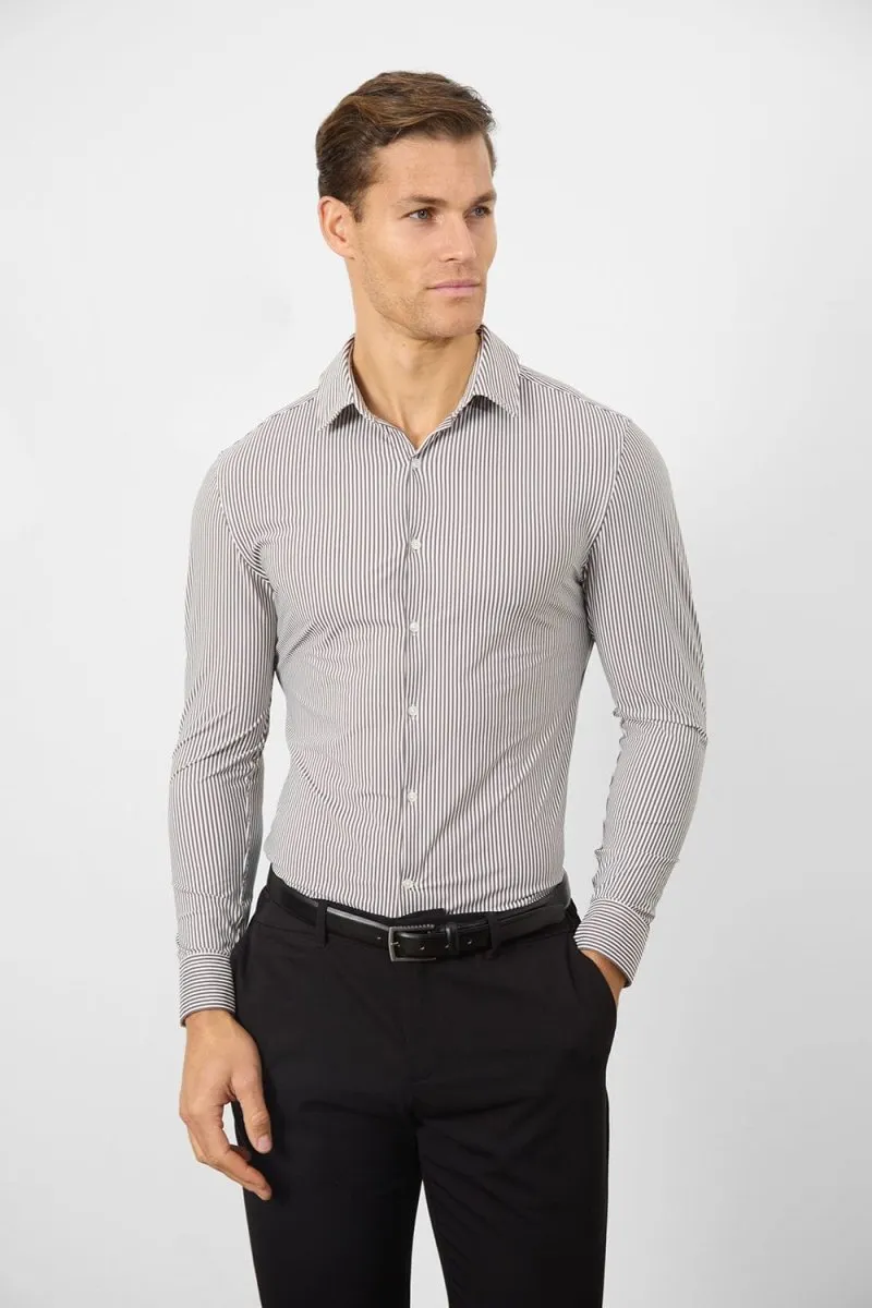 High Neck Striped Stretch Formal Shirt in Grey