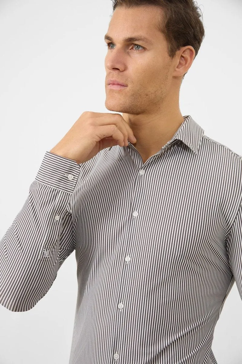 Performance Fabric V-Neck Striped Stretch Formal Shirt in Grey