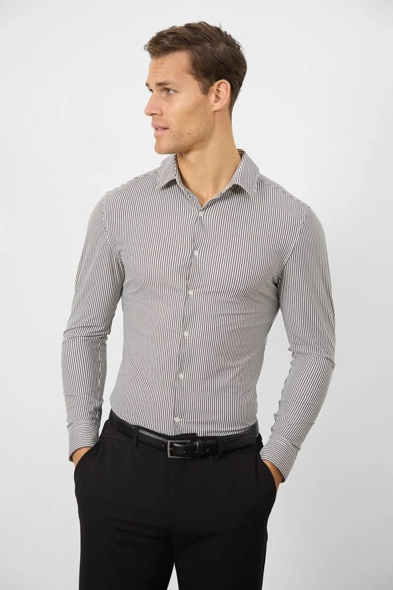 Striped Stretch Formal Shirt in Grey Festival Fashion Anti Pilling Treatment