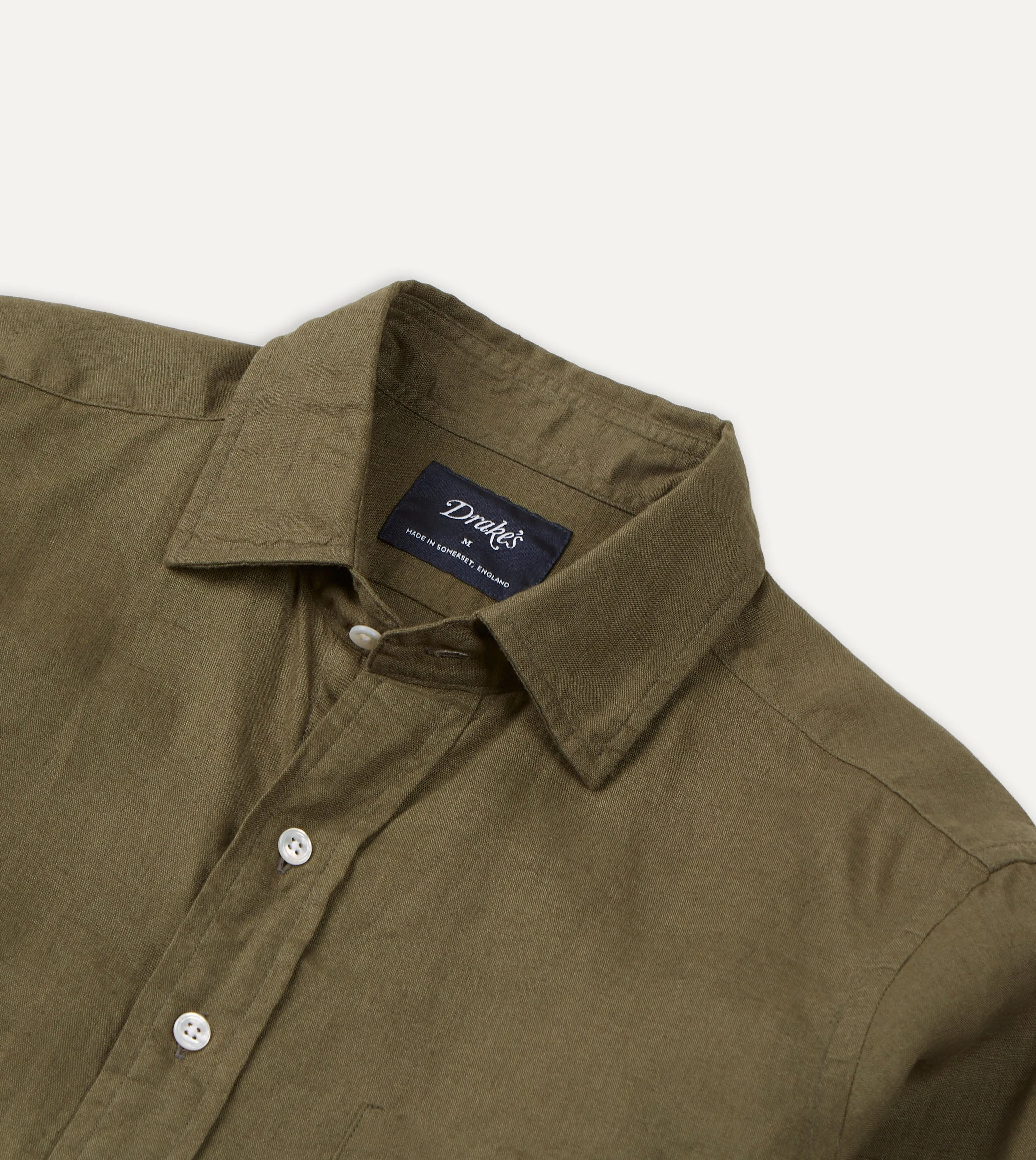 Khaki Green Linen Spread Collar Shirt Smooth Finish Hidden Button Placket