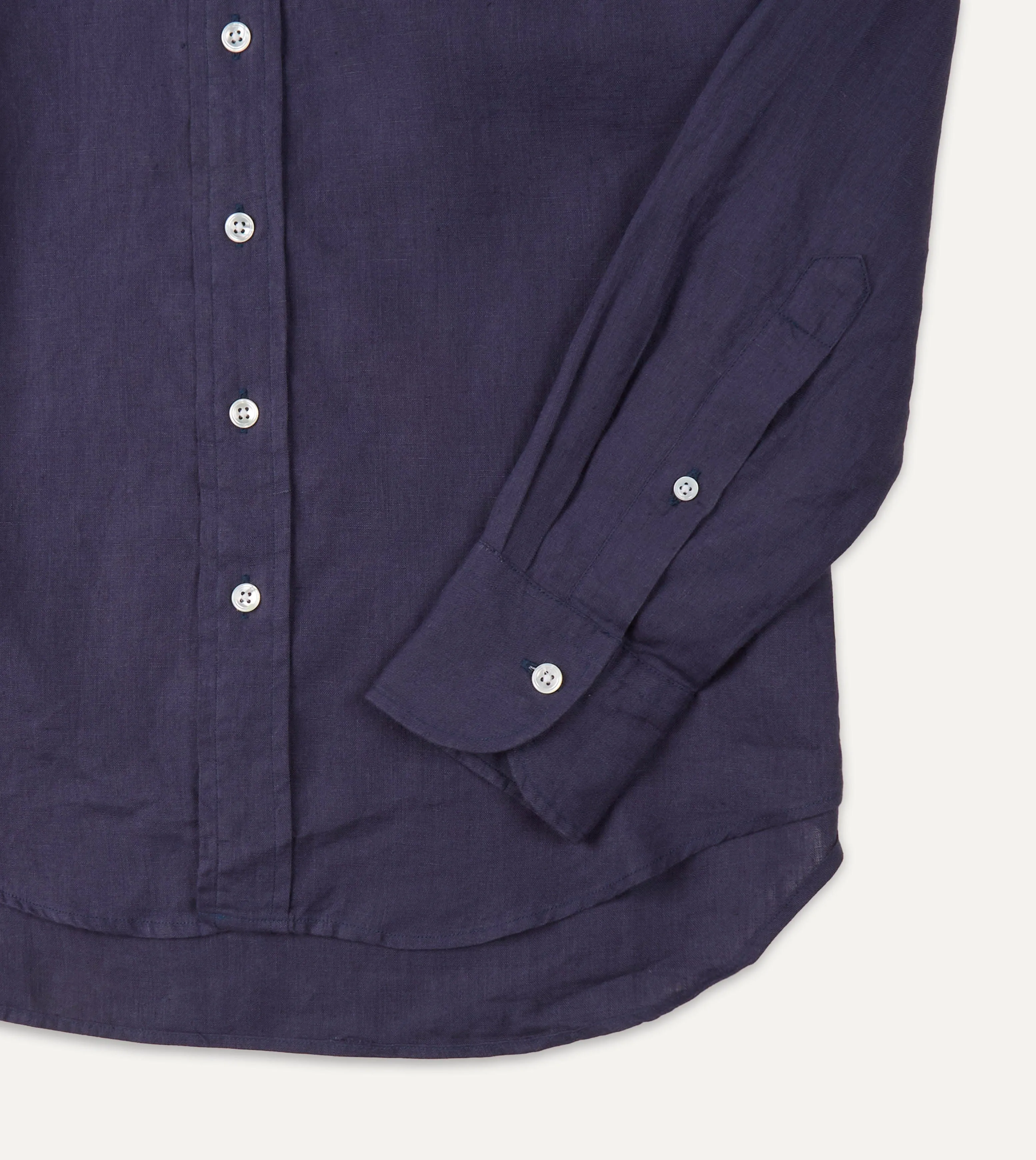 Washed Navy Linen Spread Collar Shirt Tuckable Hem Earthy Palette