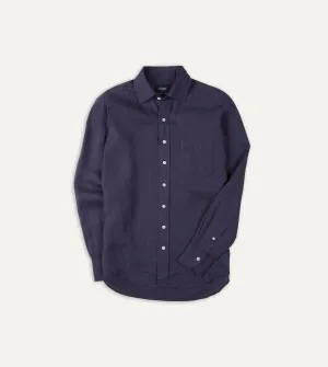 Tuckable Hem Washed Navy Linen Spread Collar Shirt