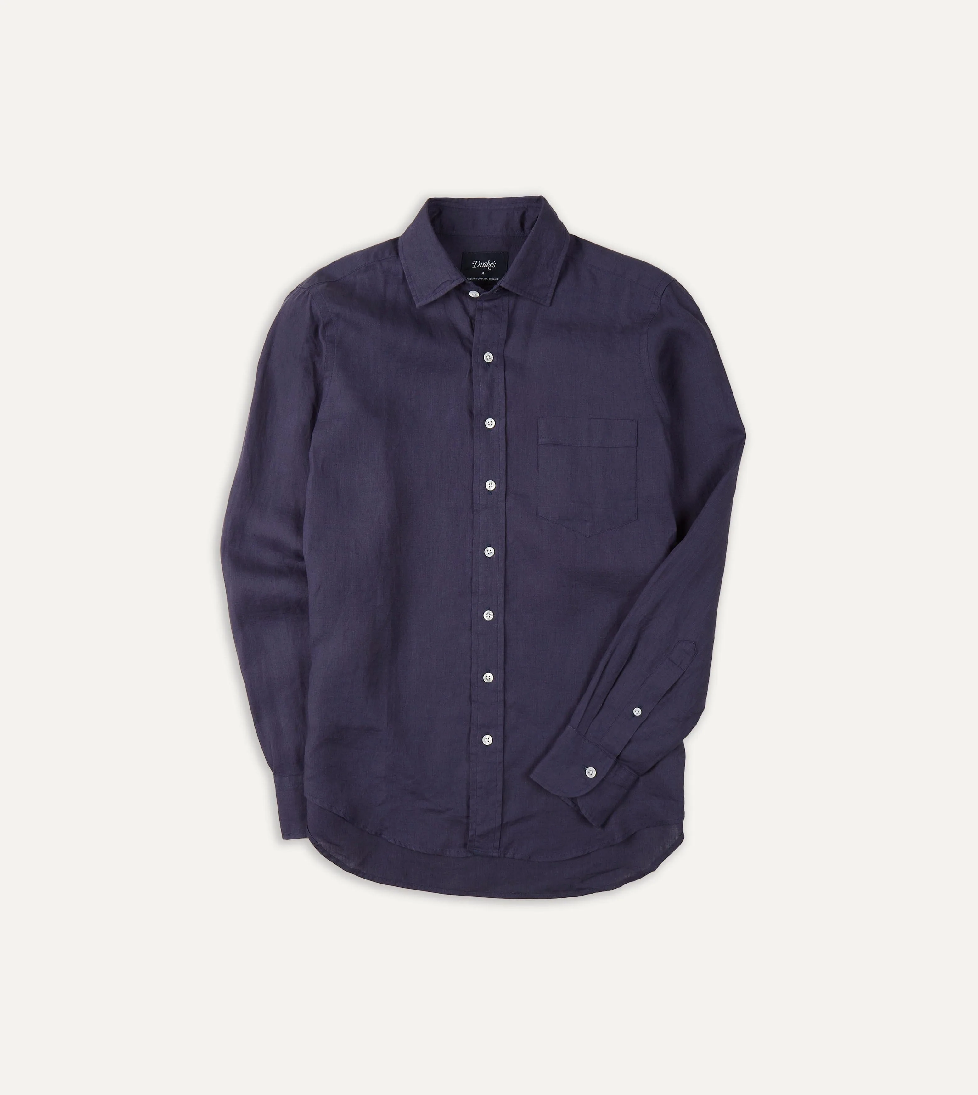 Tuckable Hem Washed Navy Linen Spread Collar Shirt
