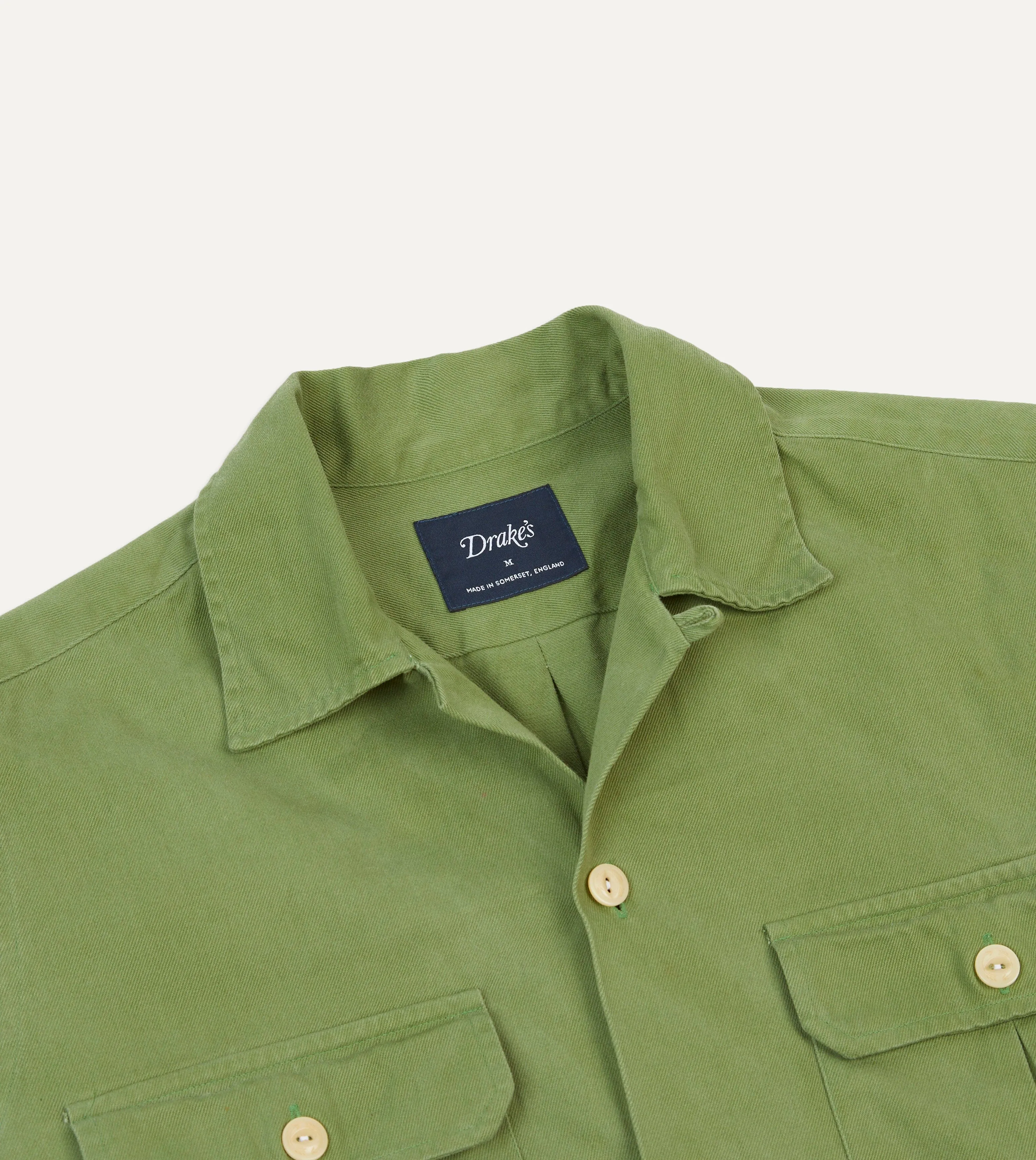 Green Brushed Cotton Twill Camp Collar Long Sleeve Shirt Stylish Detail
