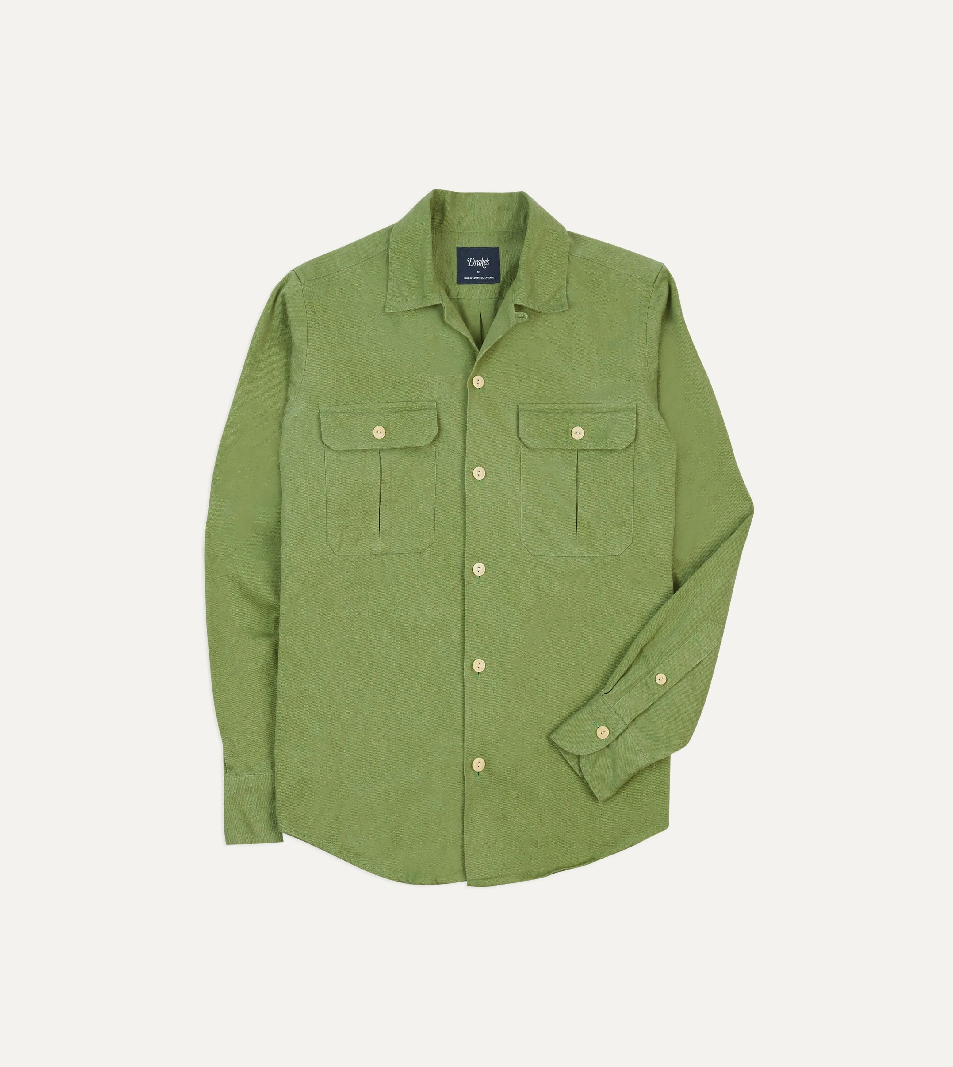 Green Brushed Cotton Twill Camp Collar Long Sleeve Shirt Layering Piece