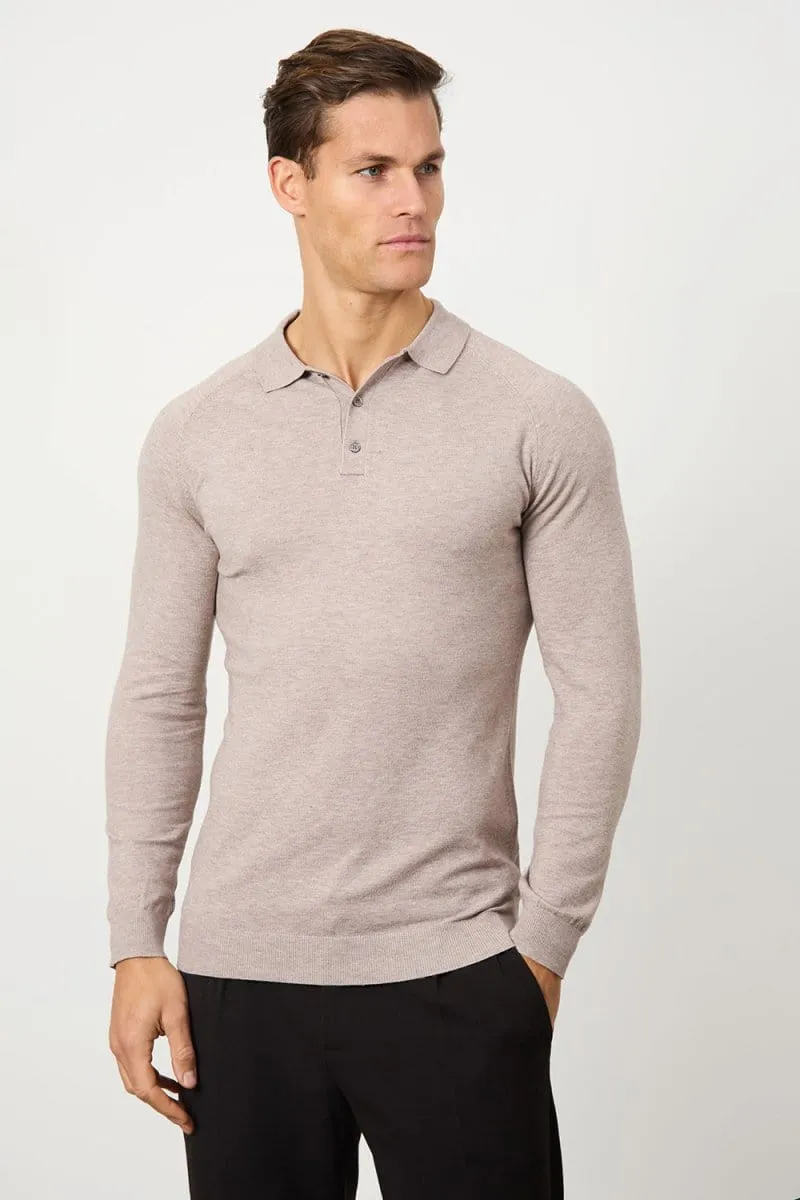 Stylish Fit Knitted Polo Shirt in Wheat