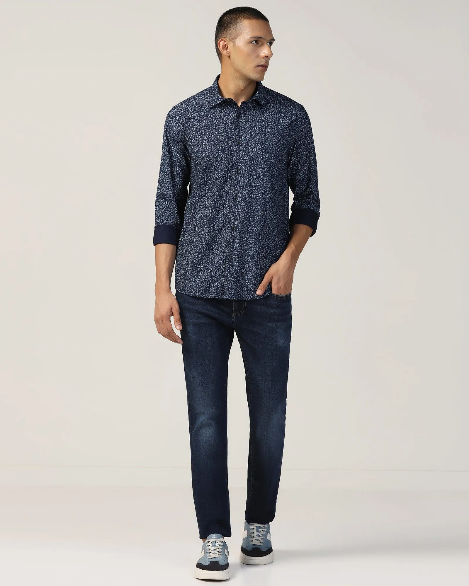 Roll-Up Sleeve Casual Indigo Blue Printed Shirt - Ethna
