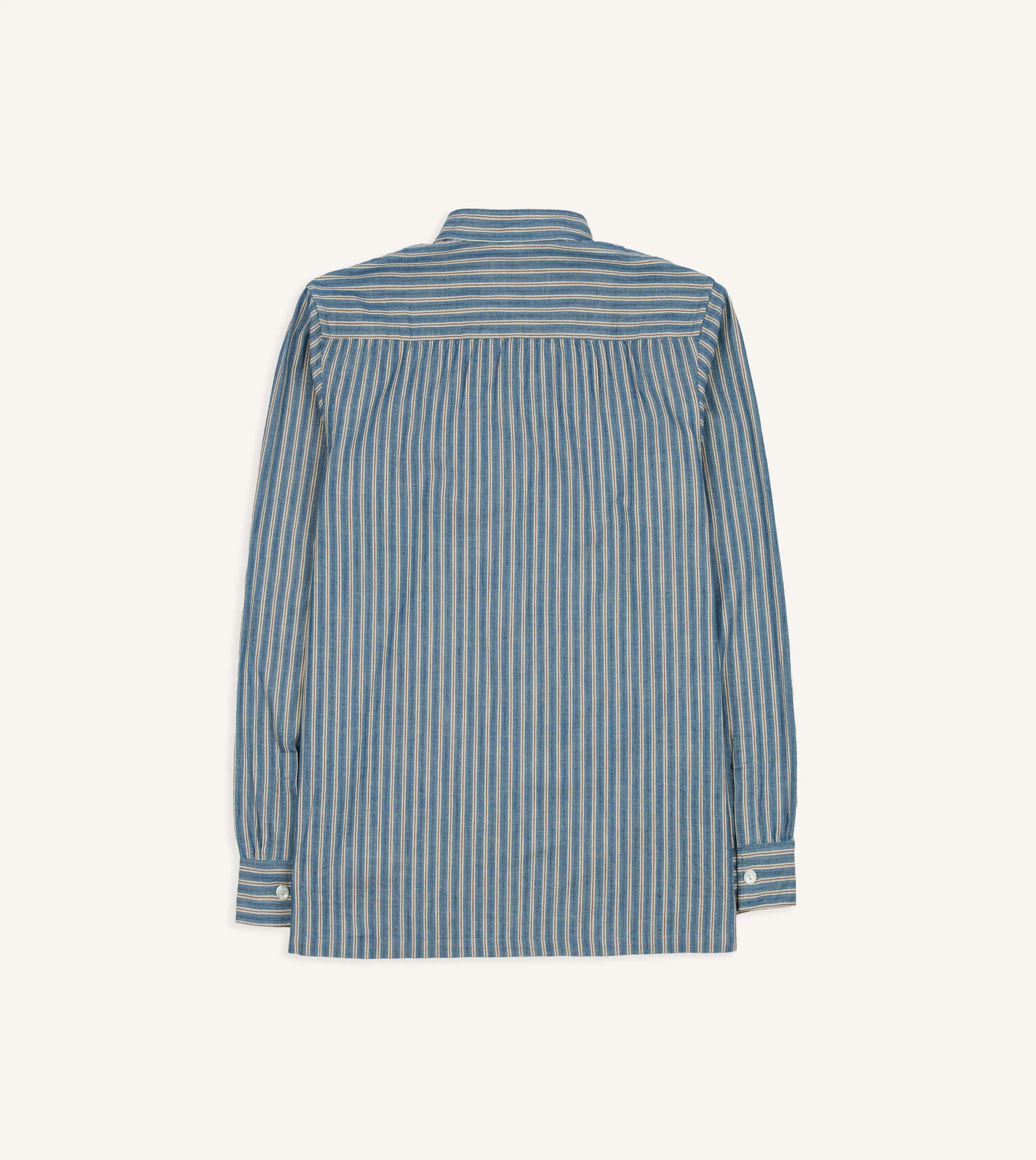 Indigo Stripe Cotton Mandarin Collar Popover Shirt Travel Essential Mature appeal