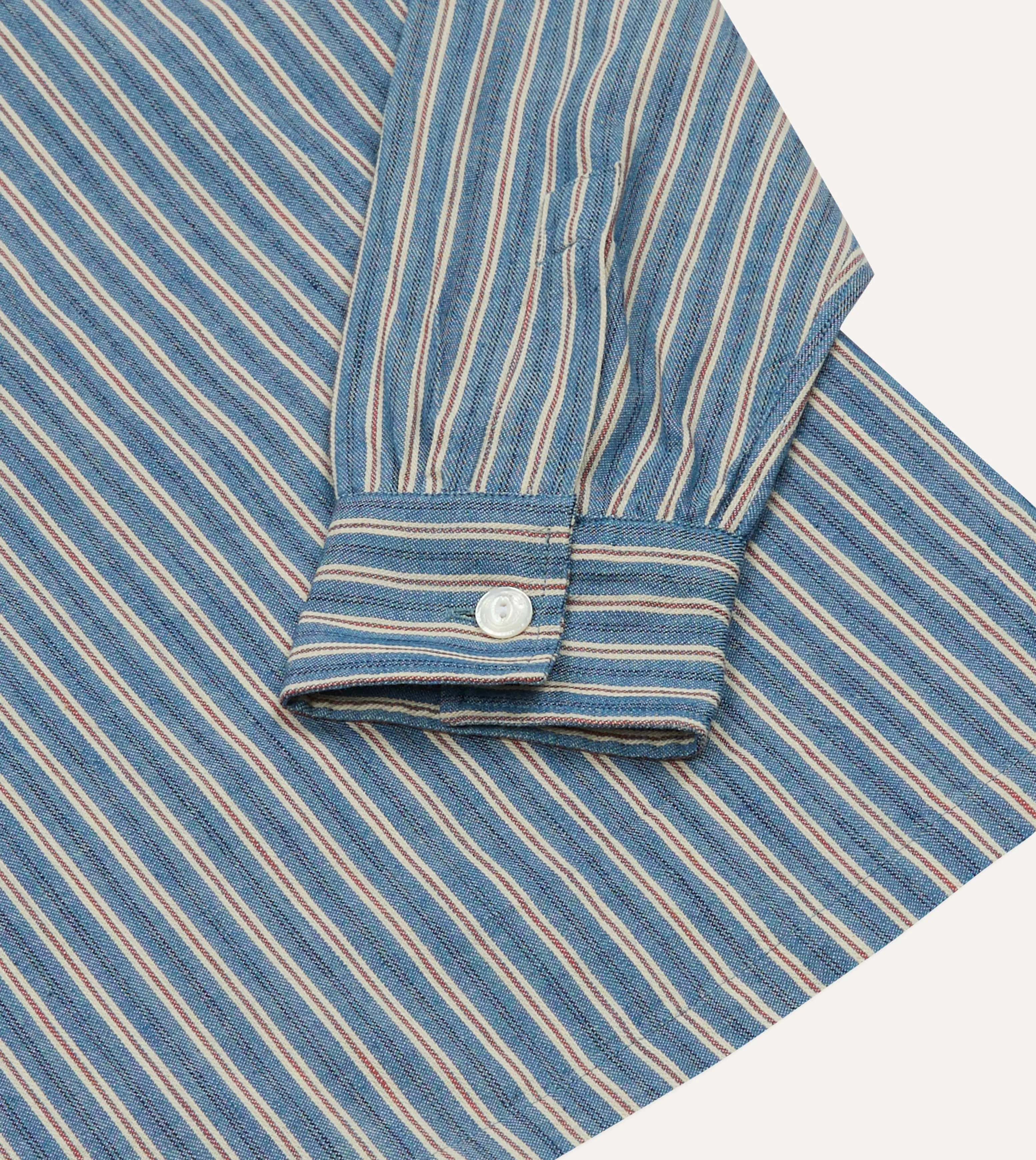 Indigo Stripe Cotton Mandarin Collar Popover Shirt Non Iron Fabric