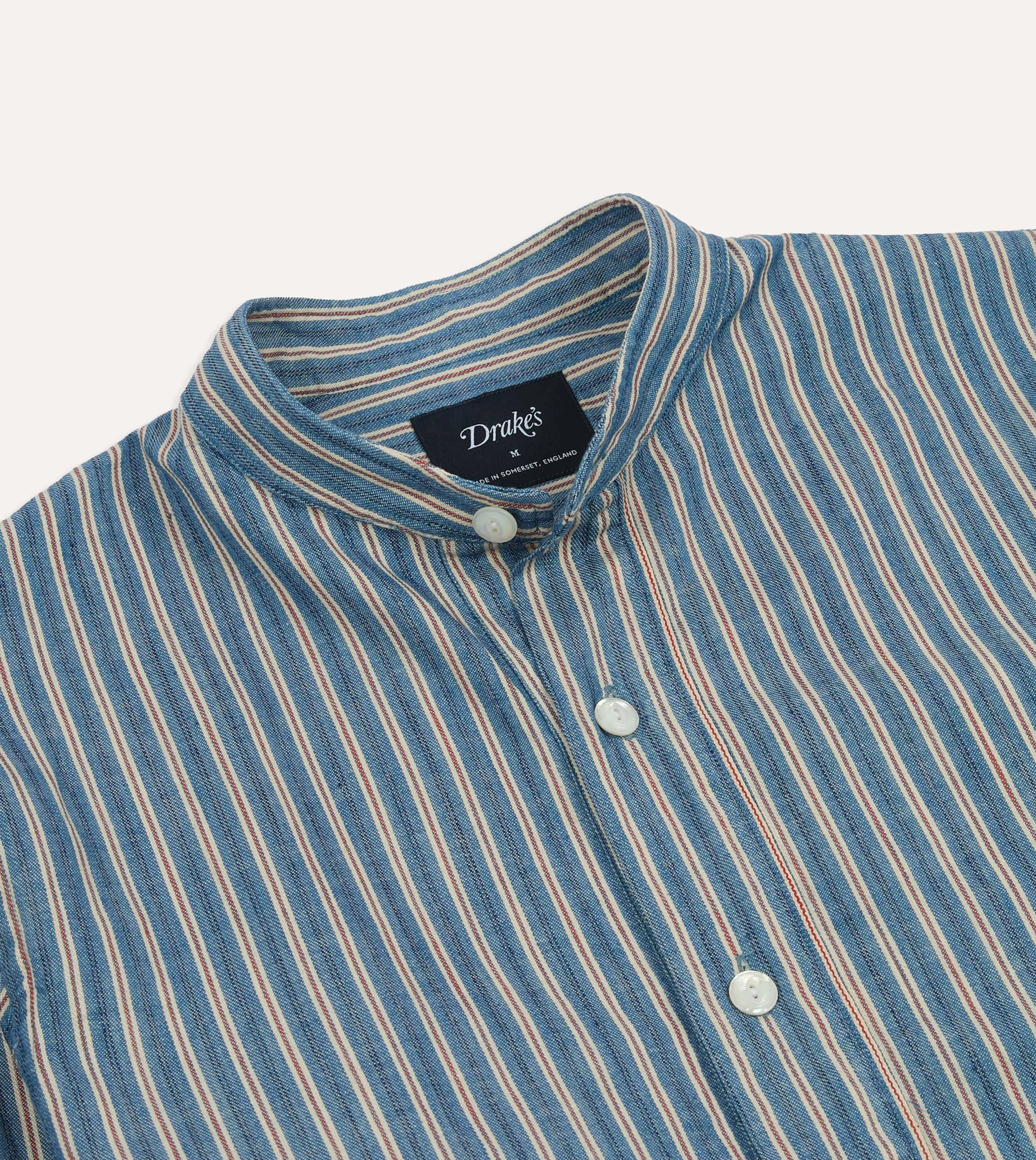 Contemporary Style Indigo Stripe Cotton Mandarin Collar Popover Shirt